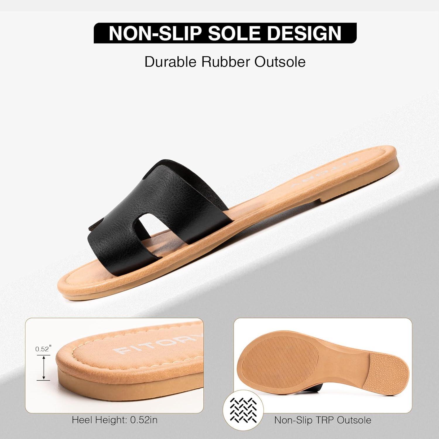 imageFITORY Womens Comfortable Dressy Leather Flat Sandals  Stylish ampamp Beautiful Summer Slides Size 611Black