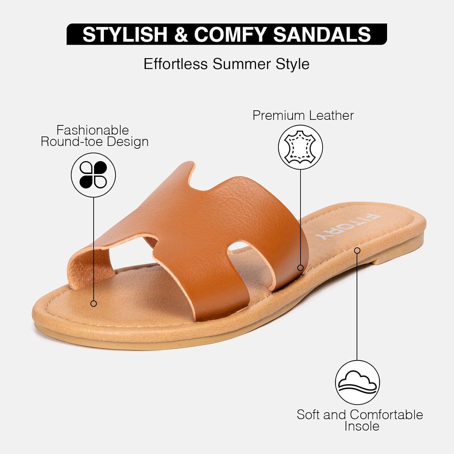 imageFITORY Womens Comfortable Dressy Leather Flat Sandals  Stylish ampamp Beautiful Summer Slides Size 611Brown