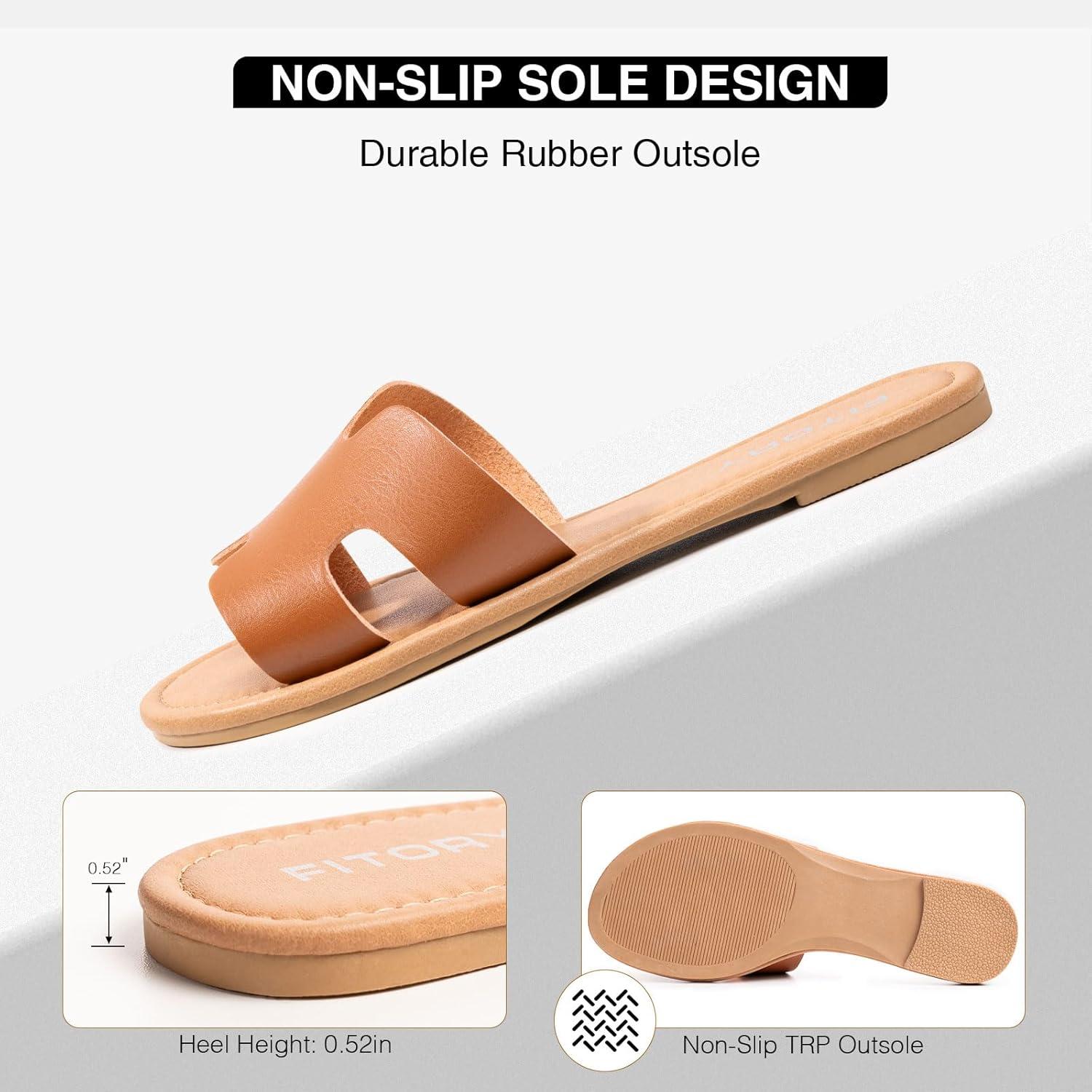 imageFITORY Womens Comfortable Dressy Leather Flat Sandals  Stylish ampamp Beautiful Summer Slides Size 611Brown