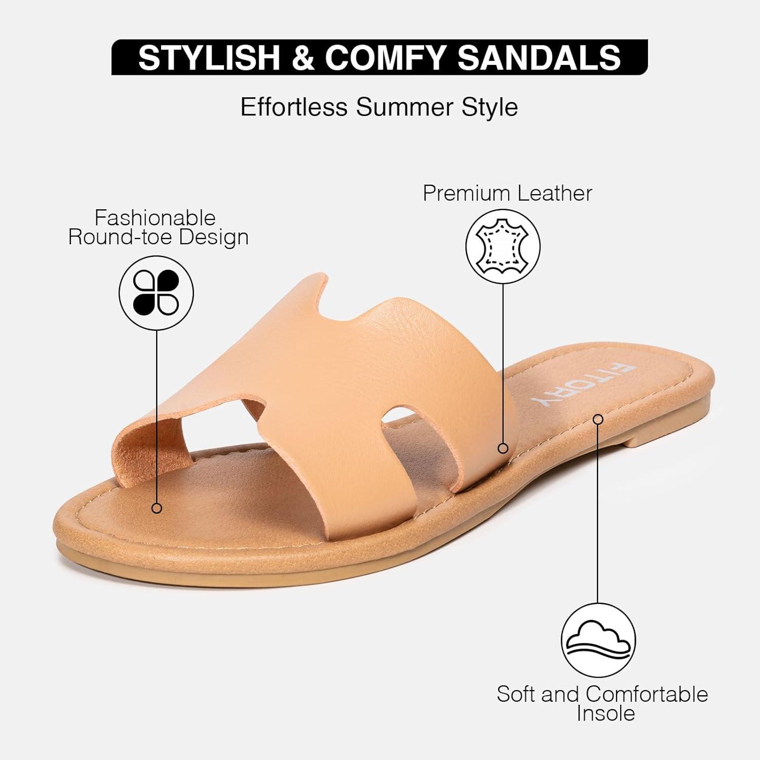 imageFITORY Womens Comfortable Dressy Leather Flat Sandals  Stylish ampamp Beautiful Summer Slides Size 611Camel