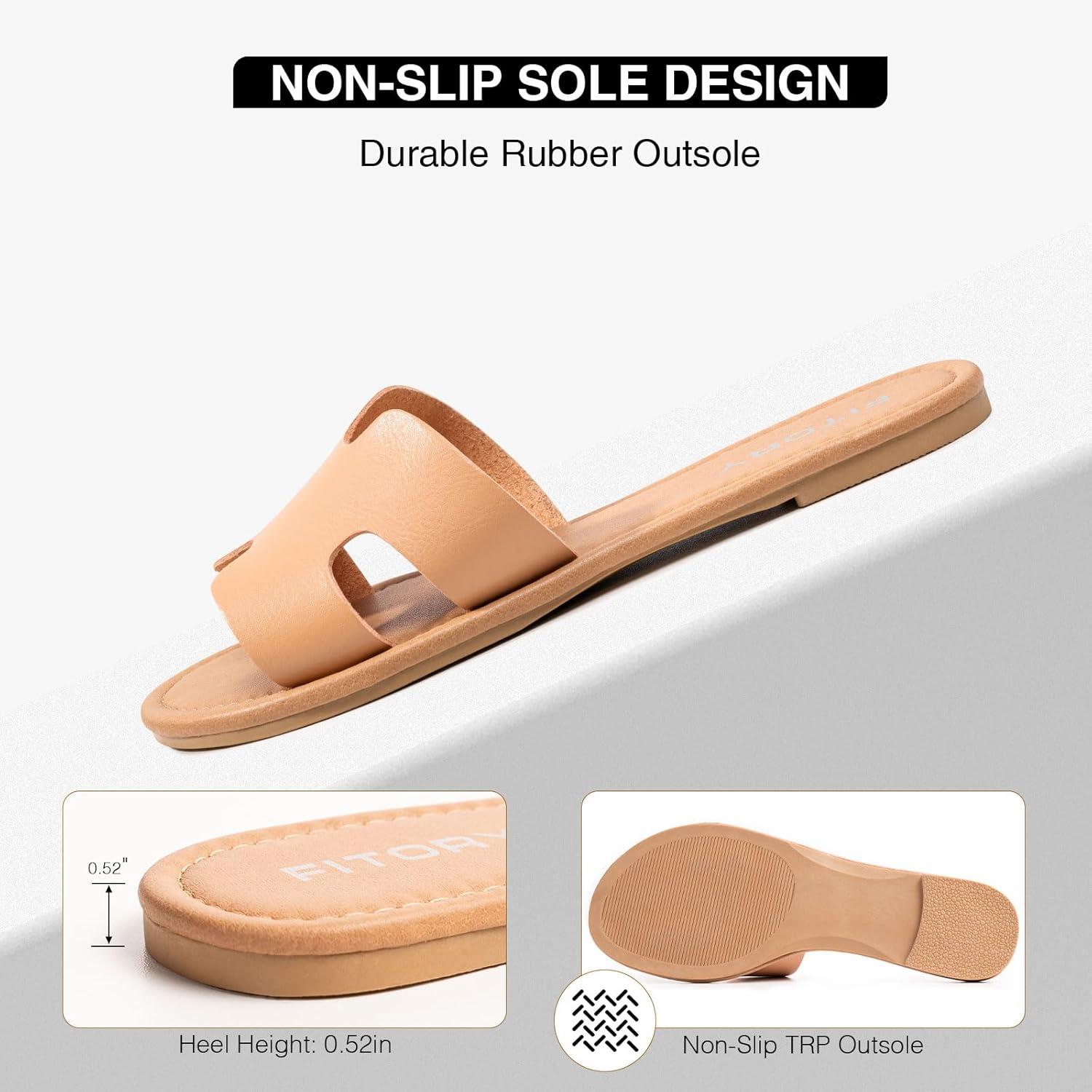 imageFITORY Womens Comfortable Dressy Leather Flat Sandals  Stylish ampamp Beautiful Summer Slides Size 611Camel