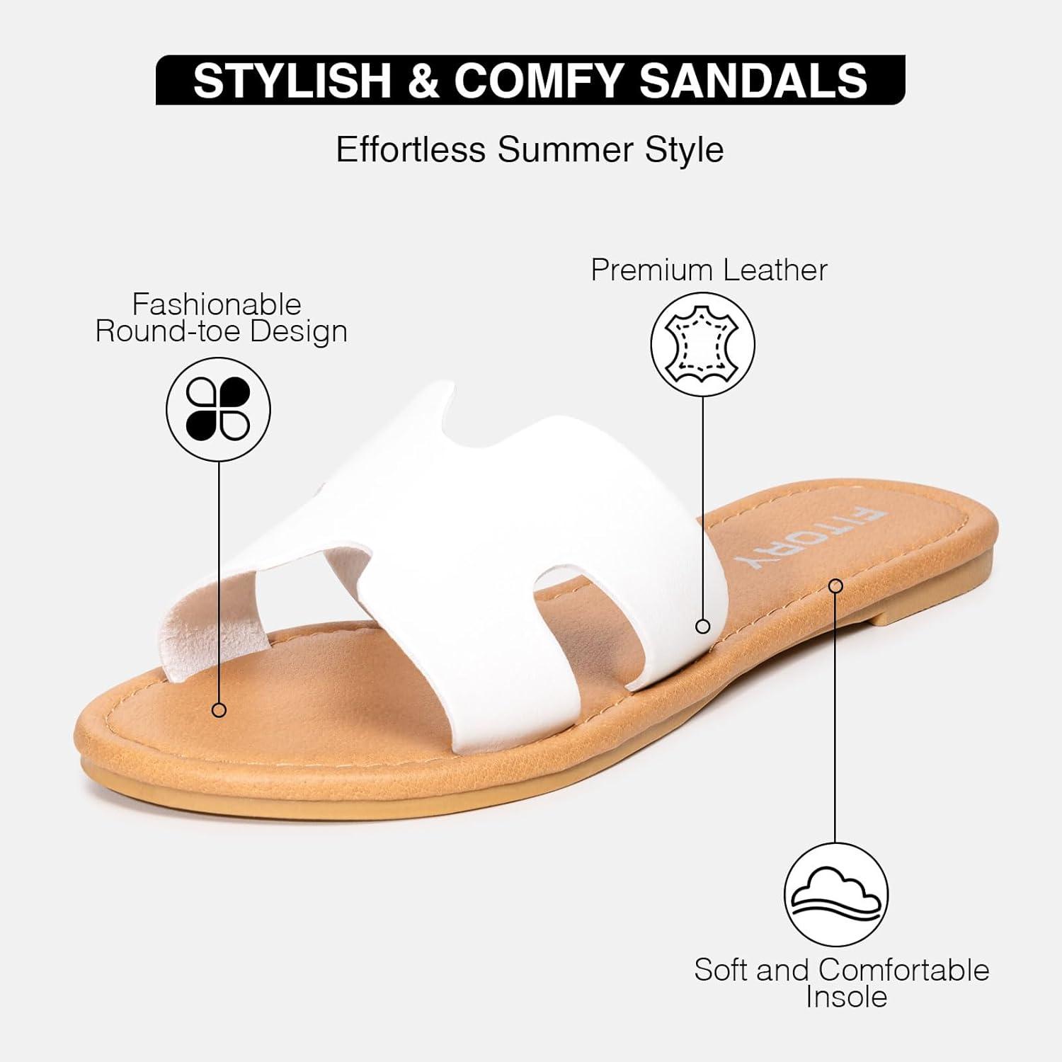 imageFITORY Womens Comfortable Dressy Leather Flat Sandals  Stylish ampamp Beautiful Summer Slides Size 611White