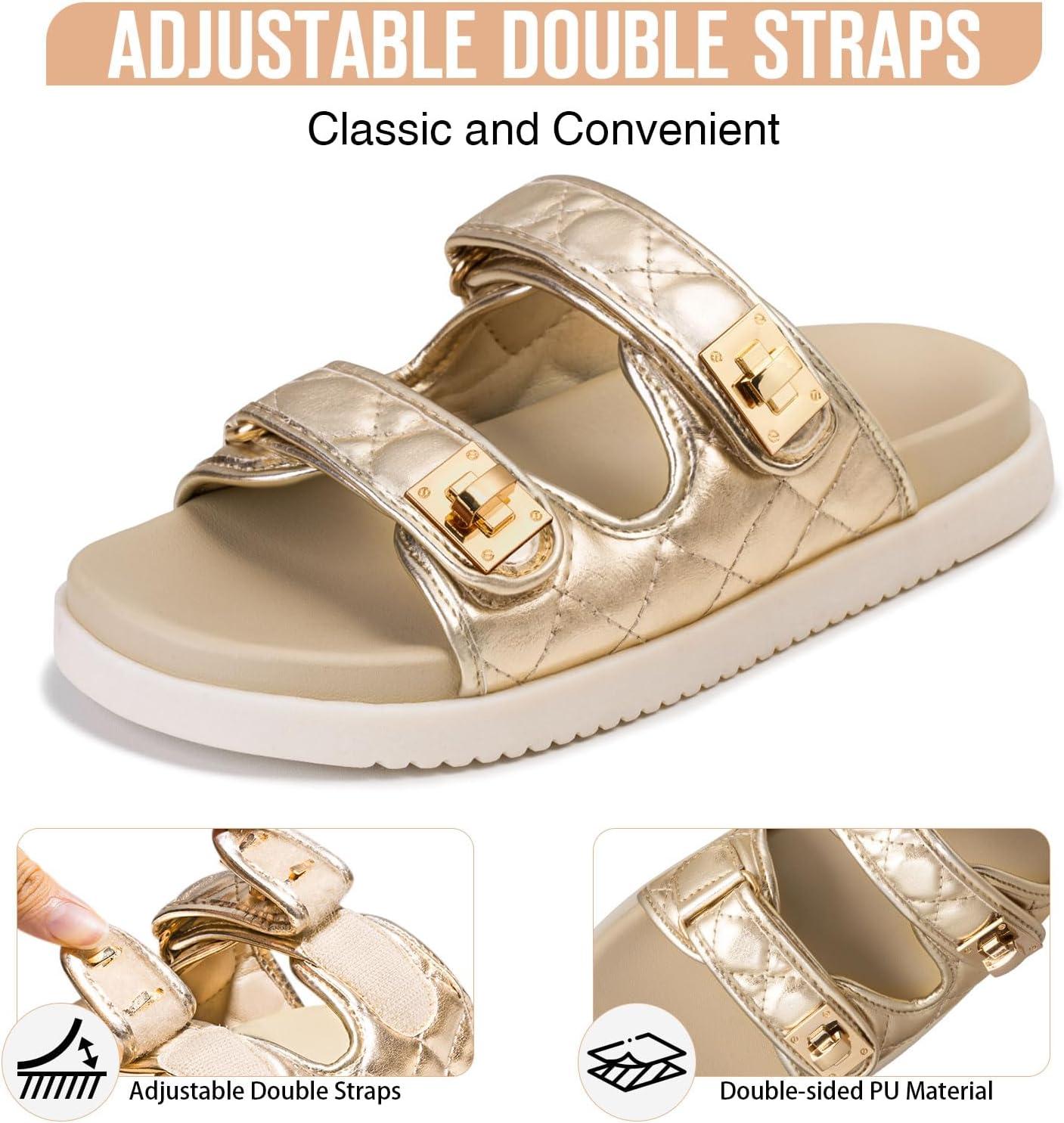 imageFITORY Womens Flat Sandals Classic Adjustable Double Strap with Cushioned Footbed for Summer Size 611Gold2105