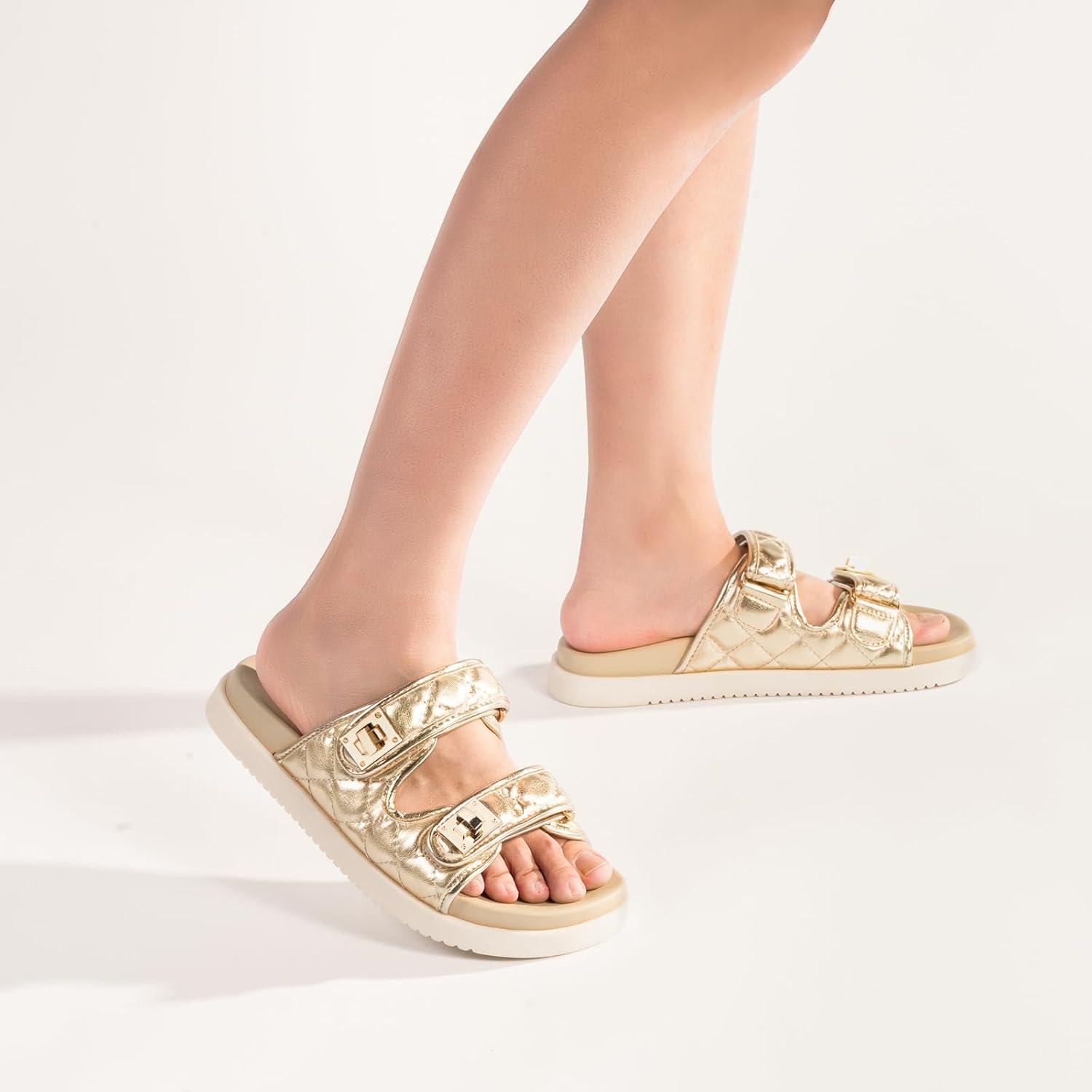 imageFITORY Womens Flat Sandals Classic Adjustable Double Strap with Cushioned Footbed for Summer Size 611Gold2105