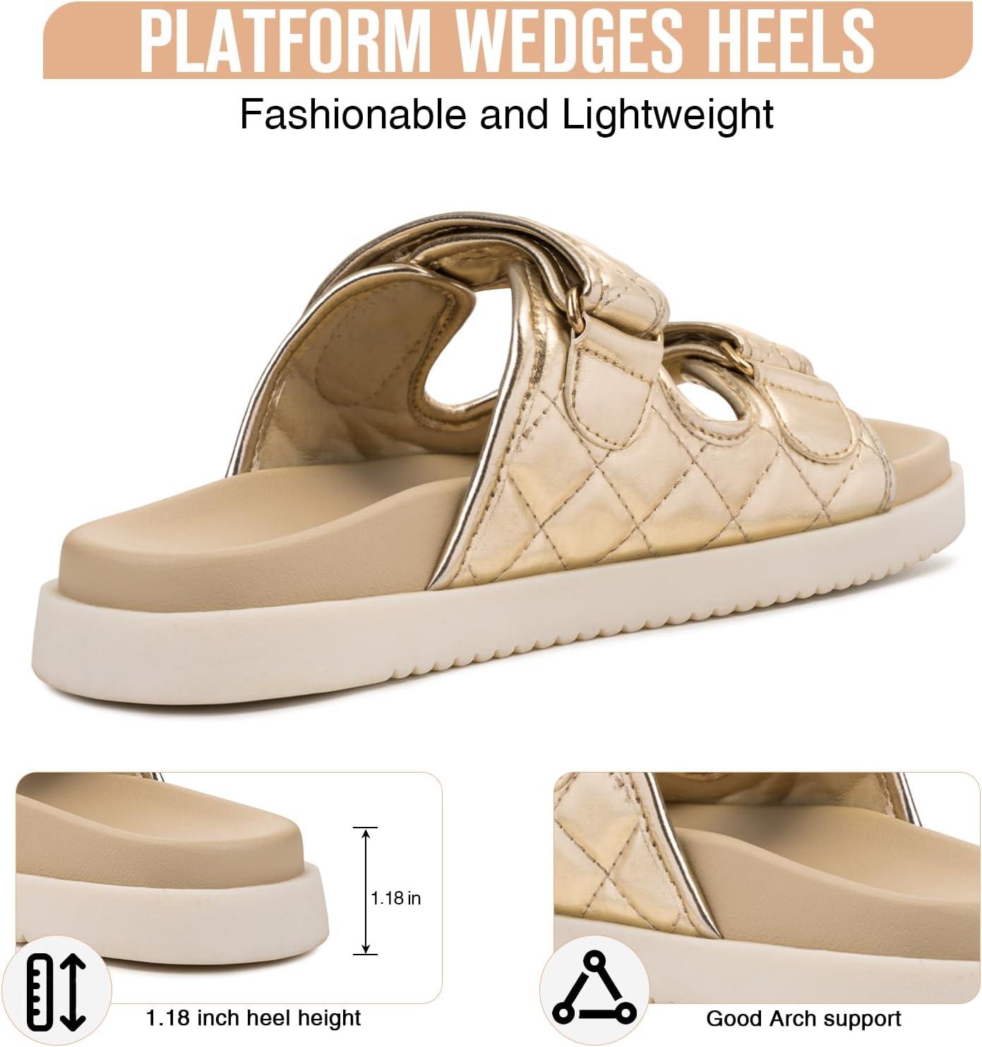 imageFITORY Womens Flat Sandals Classic Adjustable Double Strap with Cushioned Footbed for Summer Size 611Gold2105