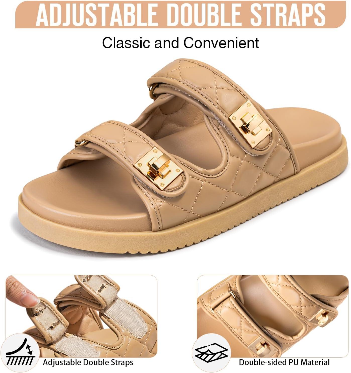 imageFITORY Womens Flat Sandals Classic Adjustable Double Strap with Cushioned Footbed for Summer Size 611Khaki2105