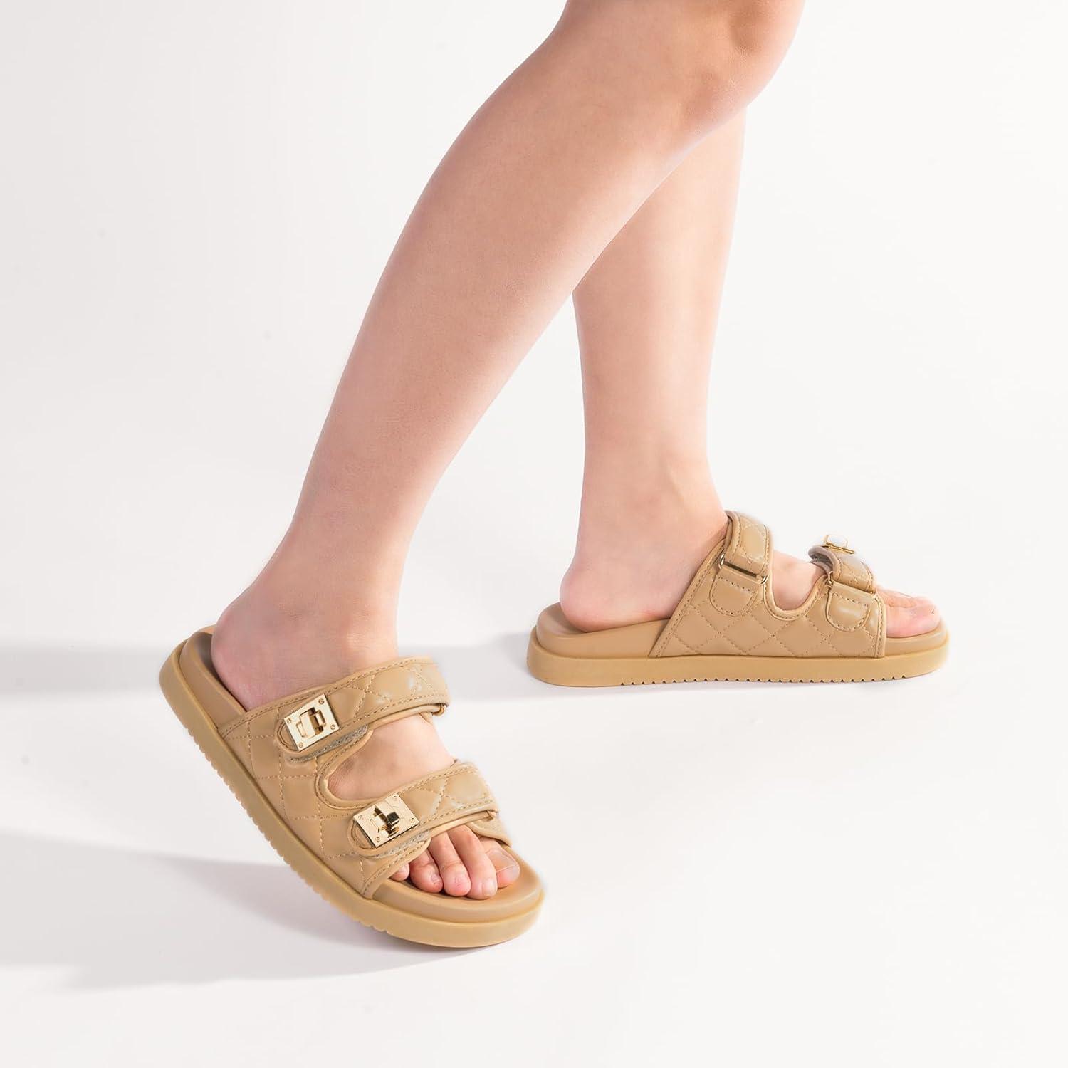 imageFITORY Womens Flat Sandals Classic Adjustable Double Strap with Cushioned Footbed for Summer Size 611Khaki2105