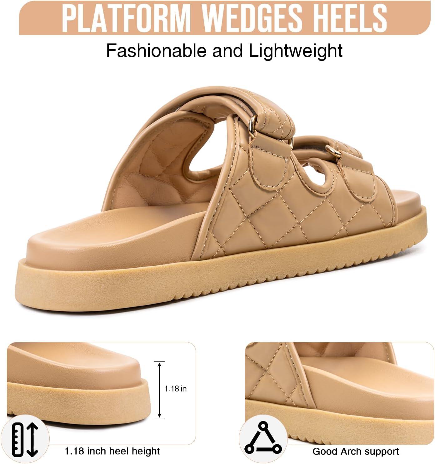 imageFITORY Womens Flat Sandals Classic Adjustable Double Strap with Cushioned Footbed for Summer Size 611Khaki2105