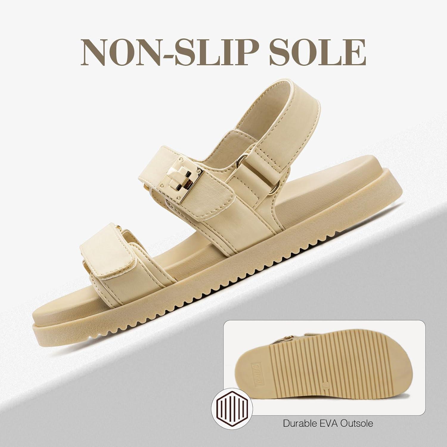 imageFITORY Womens Flat Sandals Classic Adjustable Double Strap with Cushioned Footbed for Summer Size 611Nude