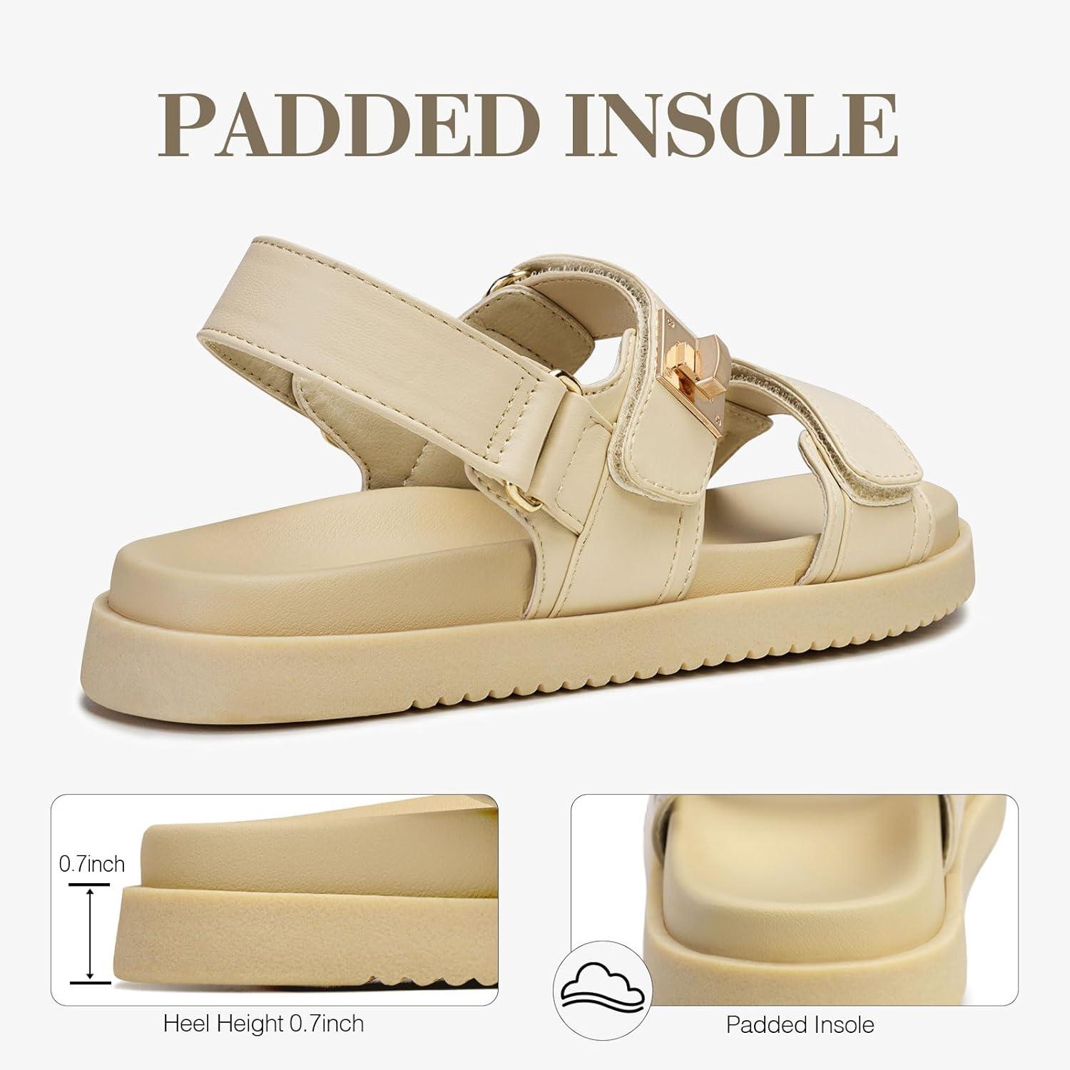 imageFITORY Womens Flat Sandals Classic Adjustable Double Strap with Cushioned Footbed for Summer Size 611Nude