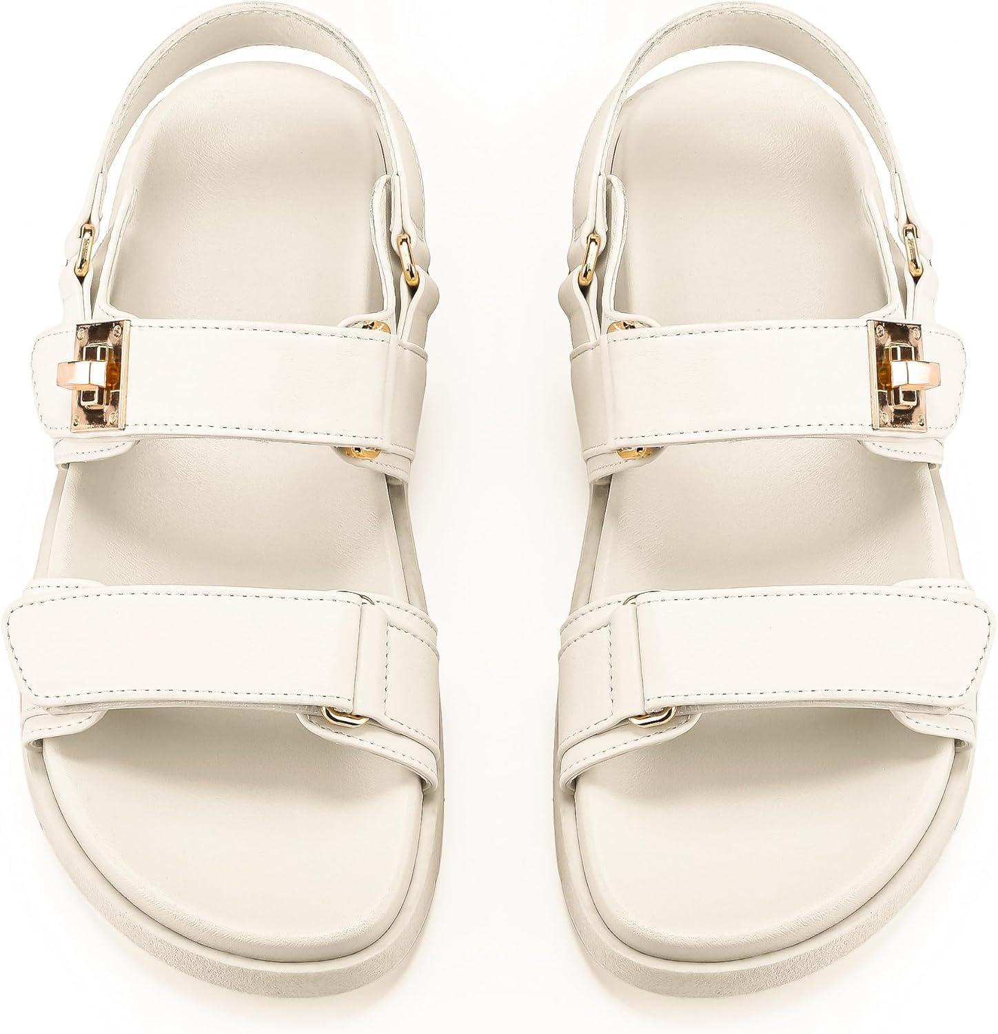 imageFITORY Womens Flat Sandals Classic Adjustable Double Strap with Cushioned Footbed for Summer Size 611White