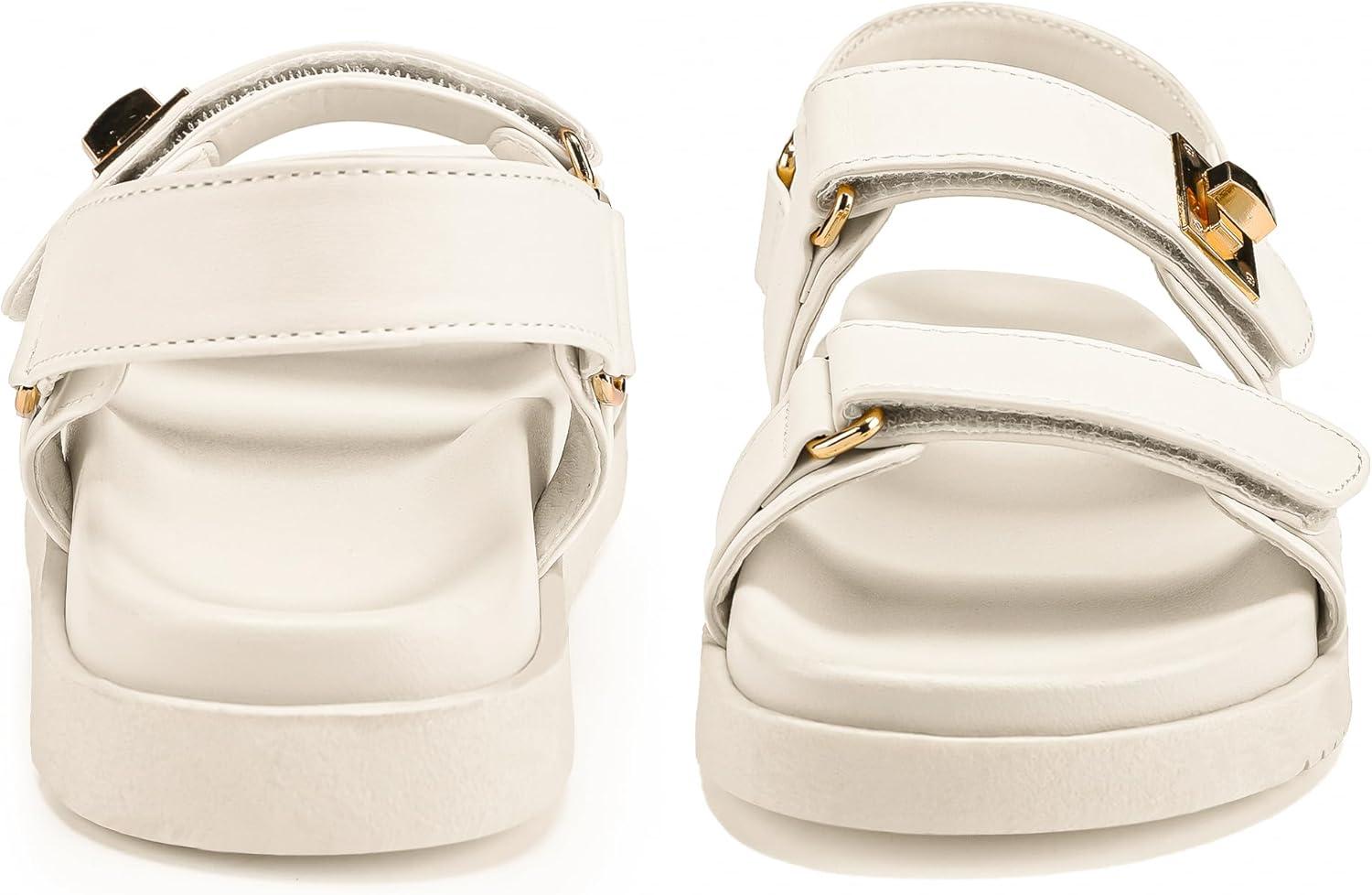 imageFITORY Womens Flat Sandals Classic Adjustable Double Strap with Cushioned Footbed for Summer Size 611White