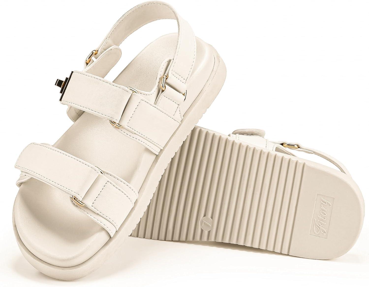 imageFITORY Womens Flat Sandals Classic Adjustable Double Strap with Cushioned Footbed for Summer Size 611White