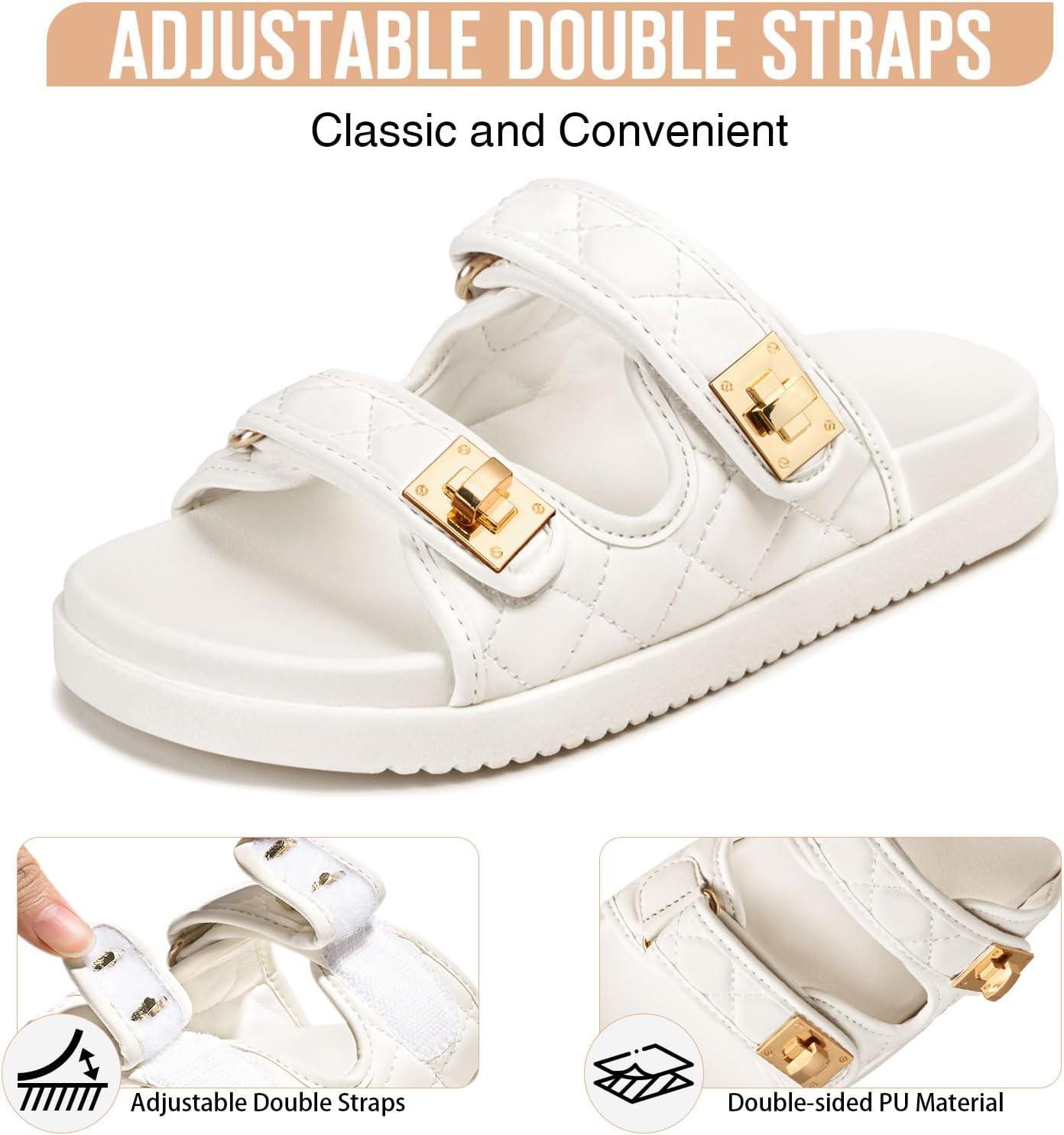 imageFITORY Womens Flat Sandals Classic Adjustable Double Strap with Cushioned Footbed for Summer Size 611White2105