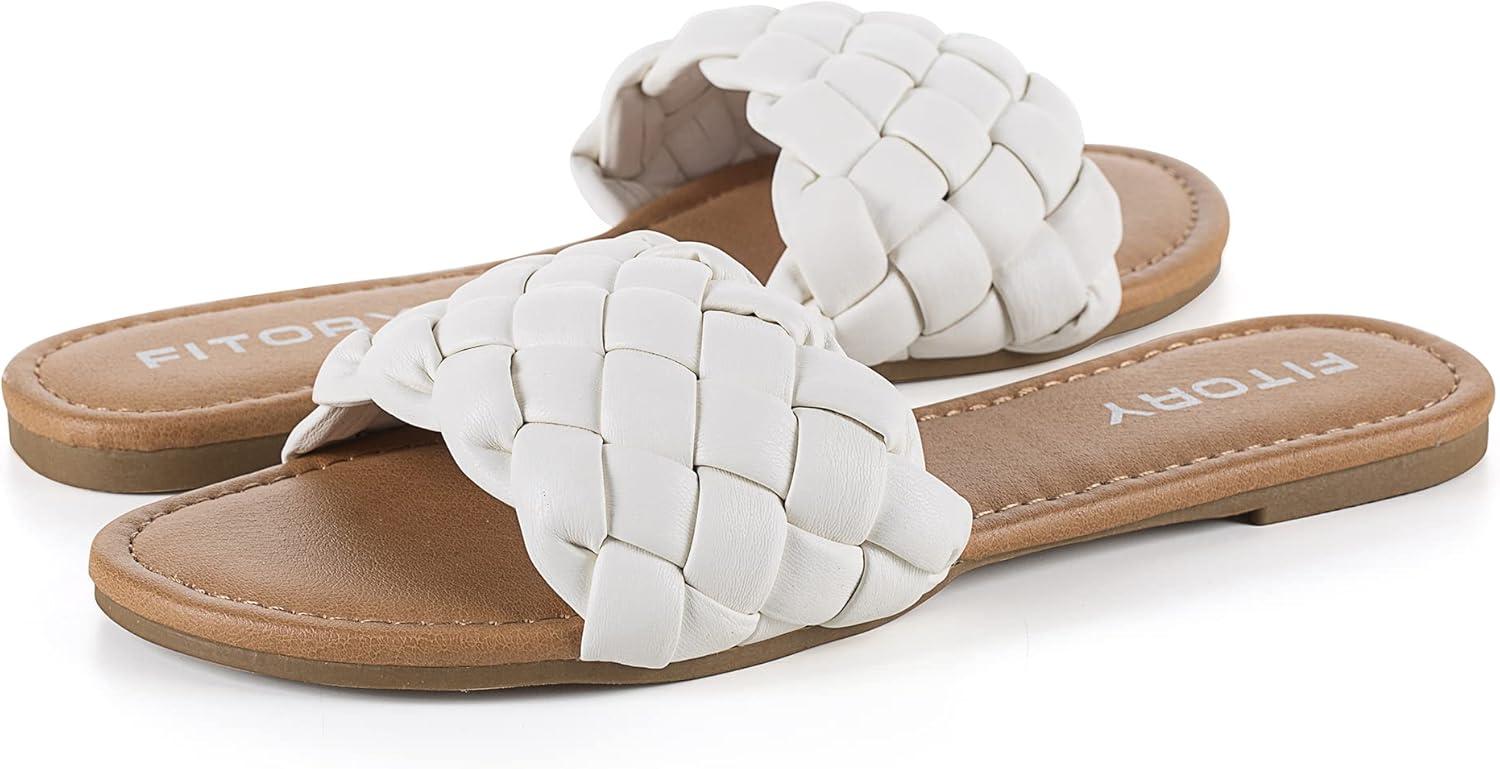 imageFITORY Womens Flat Sandals Fashion Round Open Toe Slip On Slides with Braided Strap Slippers for Summer Size 611