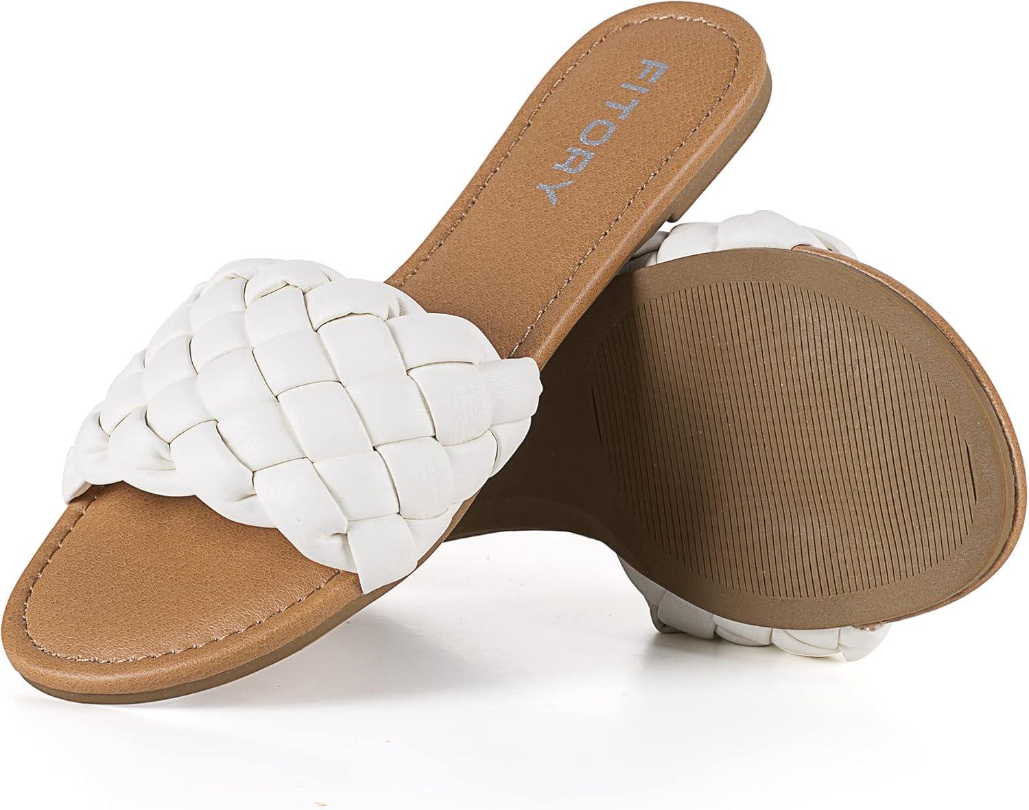 imageFITORY Womens Flat Sandals Fashion Round Open Toe Slip On Slides with Braided Strap Slippers for Summer Size 611