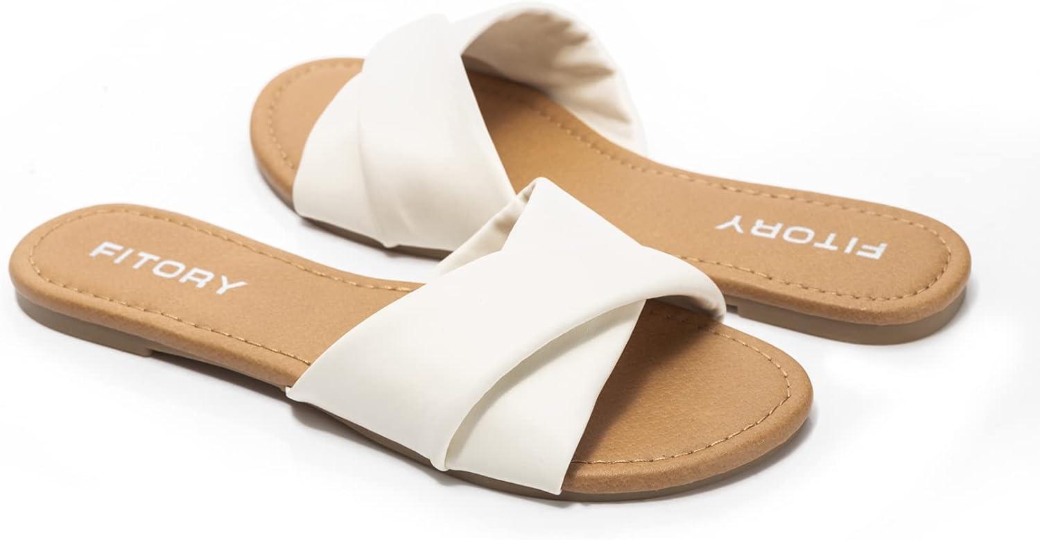 imageFITORY Womens Flat Sandals Fashion Slides With Soft Leather Slippers for Summer Size 611