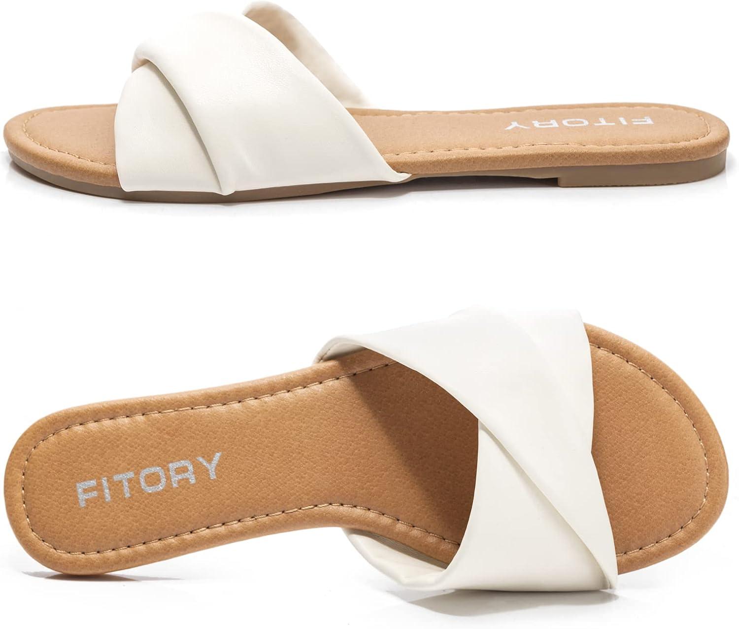 imageFITORY Womens Flat Sandals Fashion Slides With Soft Leather Slippers for Summer Size 611