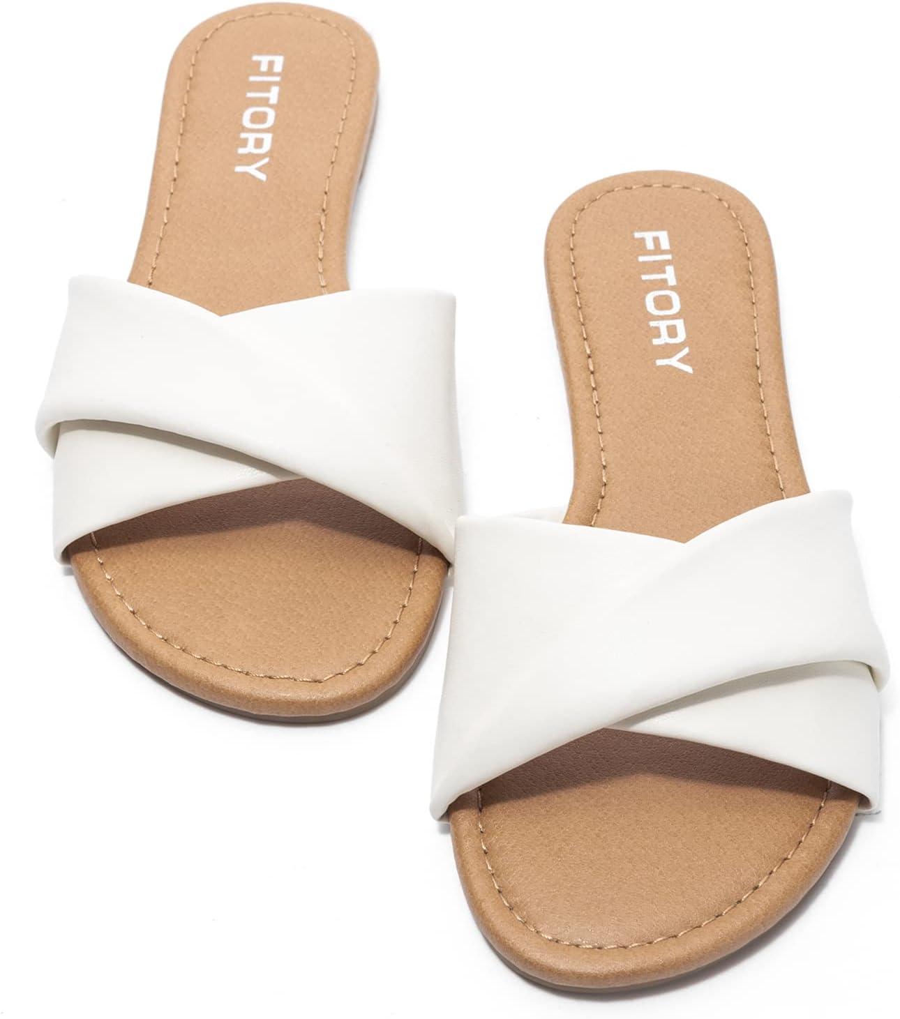 imageFITORY Womens Flat Sandals Fashion Slides With Soft Leather Slippers for Summer Size 611