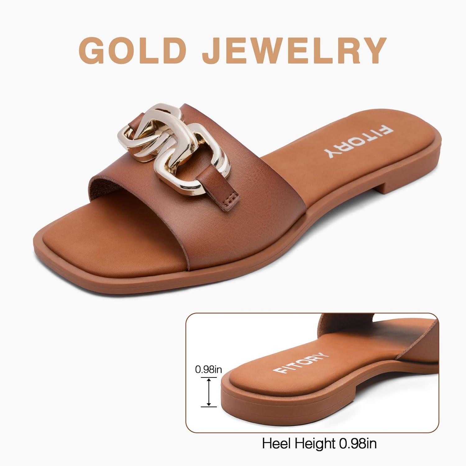 imageFITORY Womens Flat Sandals Fashion Slides With Soft Leather Slippers for Summer Size 611All Brown