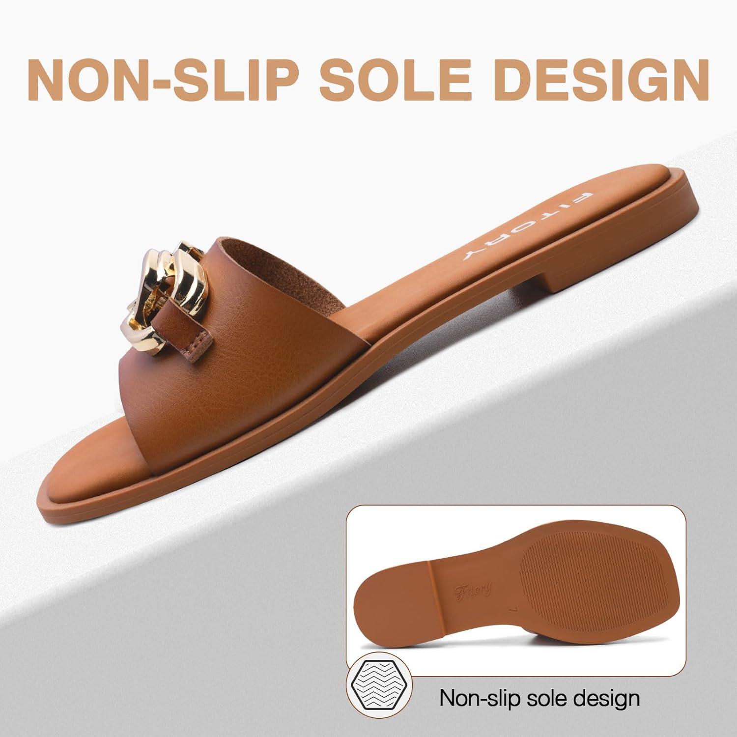 imageFITORY Womens Flat Sandals Fashion Slides With Soft Leather Slippers for Summer Size 611All Brown