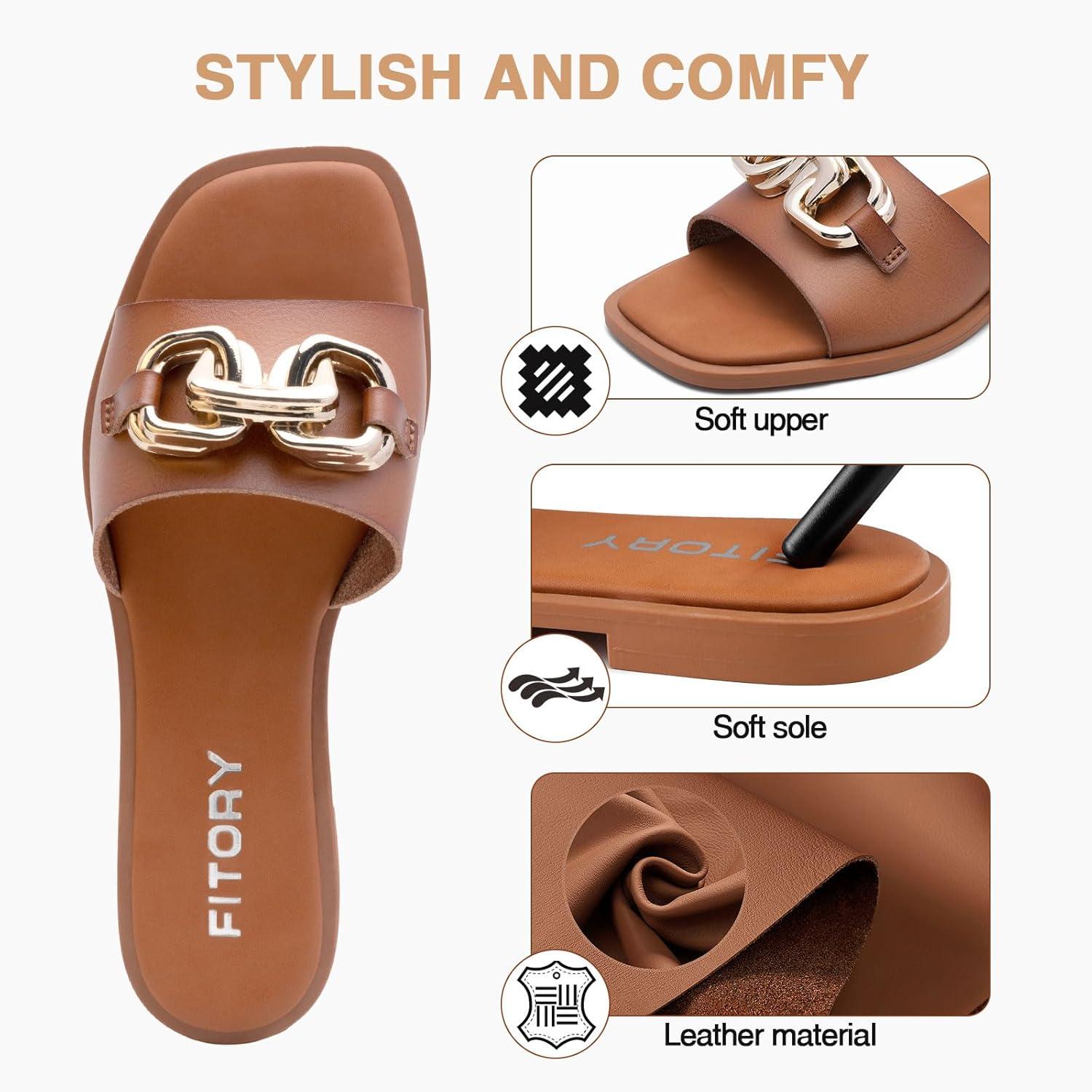 imageFITORY Womens Flat Sandals Fashion Slides With Soft Leather Slippers for Summer Size 611All Brown