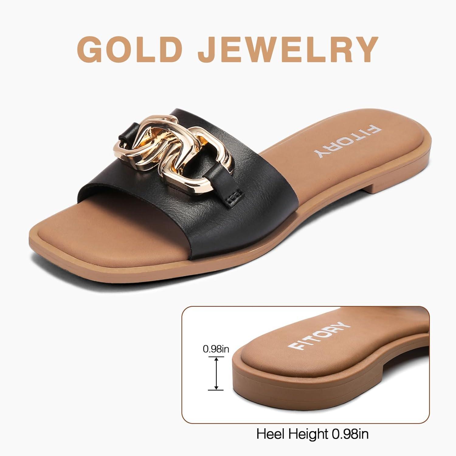 imageFITORY Womens Flat Sandals Fashion Slides With Soft Leather Slippers for Summer Size 611Black