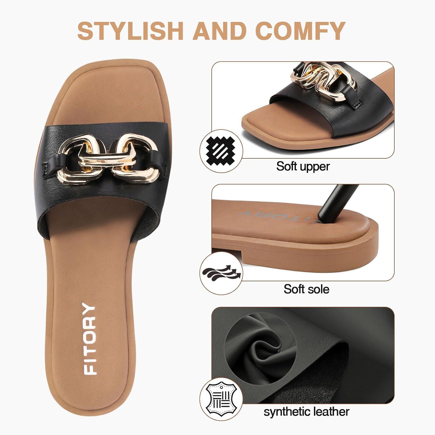 imageFITORY Womens Flat Sandals Fashion Slides With Soft Leather Slippers for Summer Size 611Black