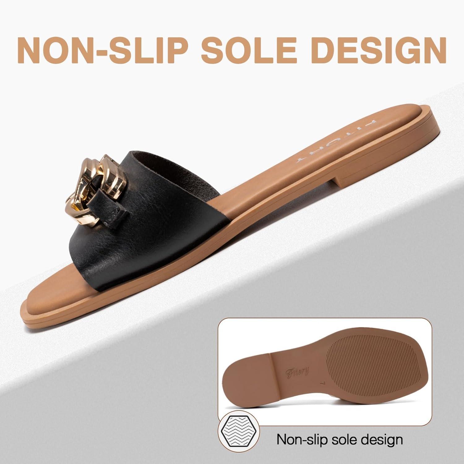 imageFITORY Womens Flat Sandals Fashion Slides With Soft Leather Slippers for Summer Size 611Black