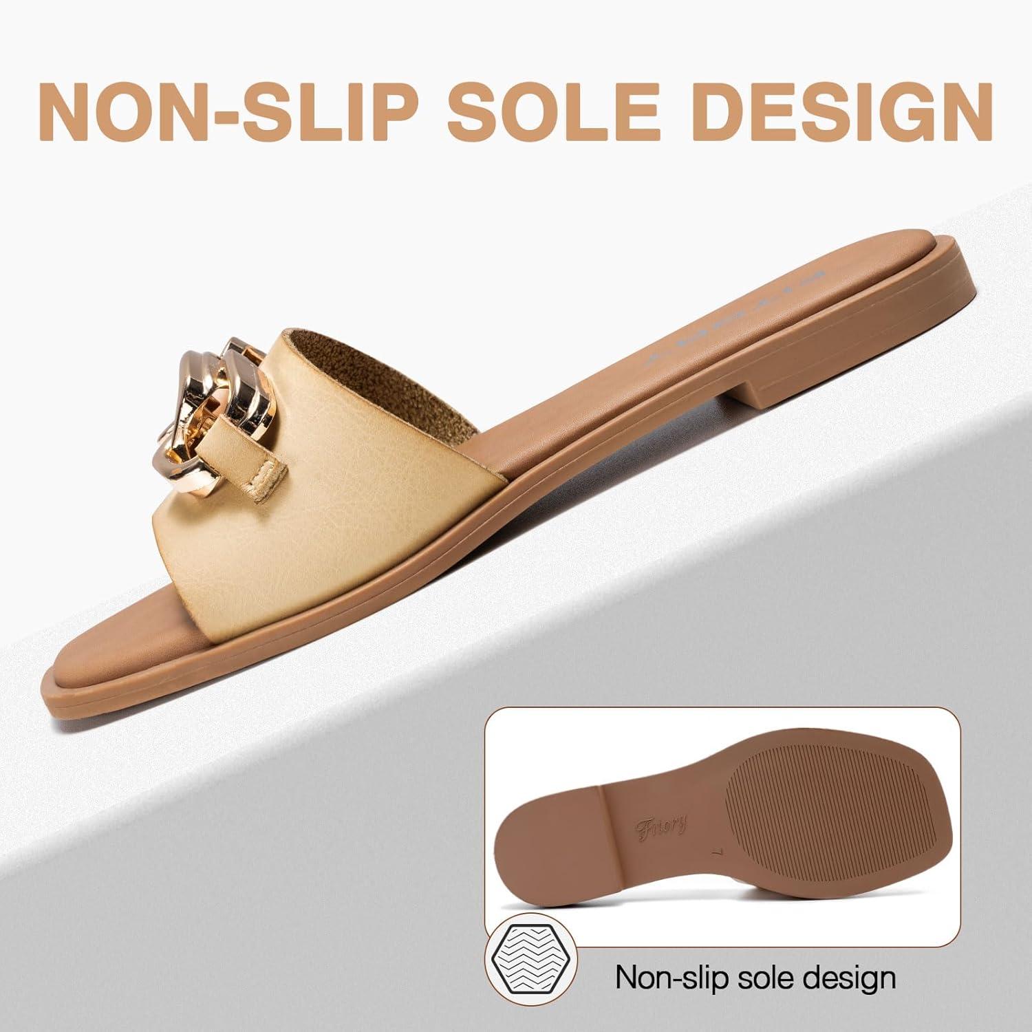 imageFITORY Womens Flat Sandals Fashion Slides With Soft Leather Slippers for Summer Size 611Camel
