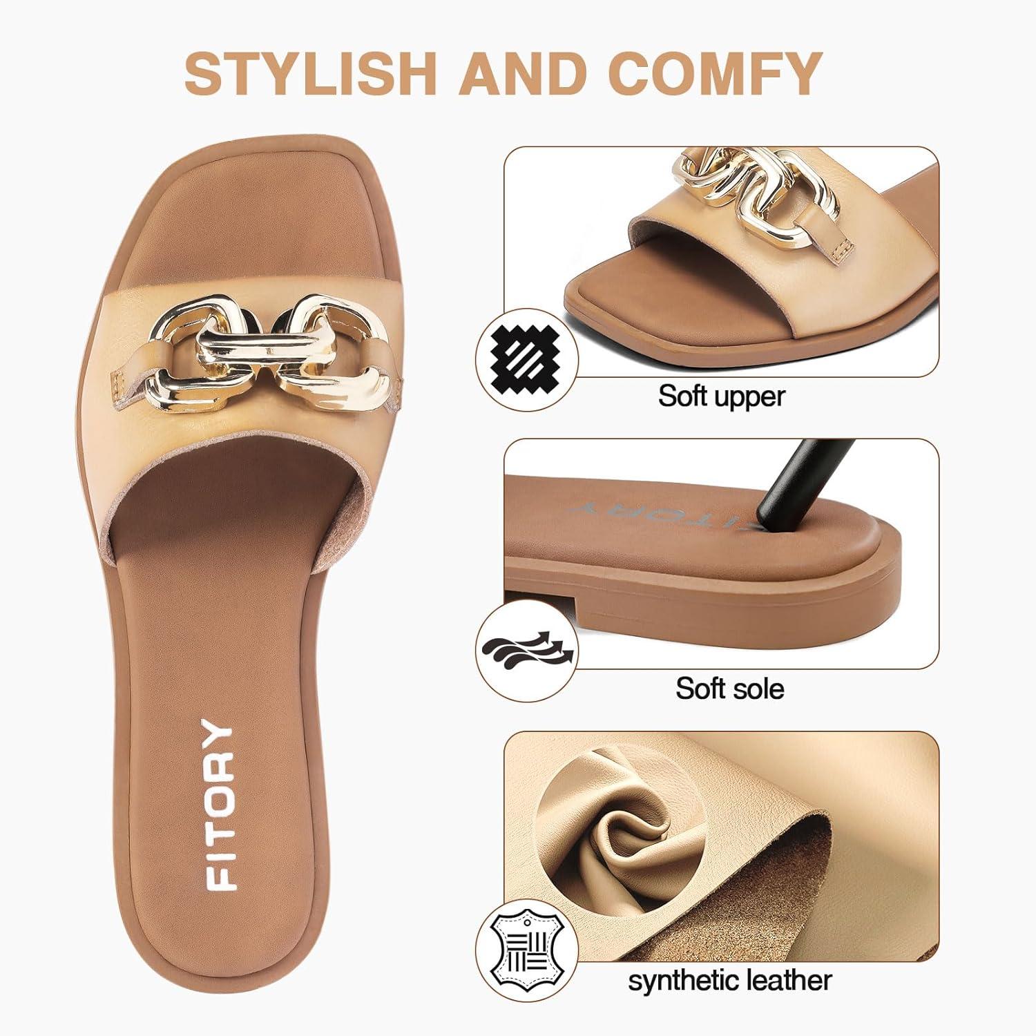 imageFITORY Womens Flat Sandals Fashion Slides With Soft Leather Slippers for Summer Size 611Camel