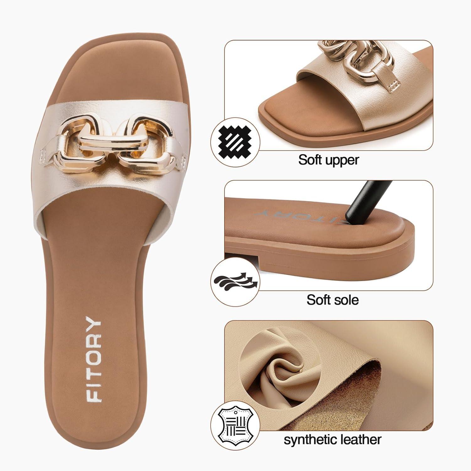 imageFITORY Womens Flat Sandals Fashion Slides With Soft Leather Slippers for Summer Size 611Gold