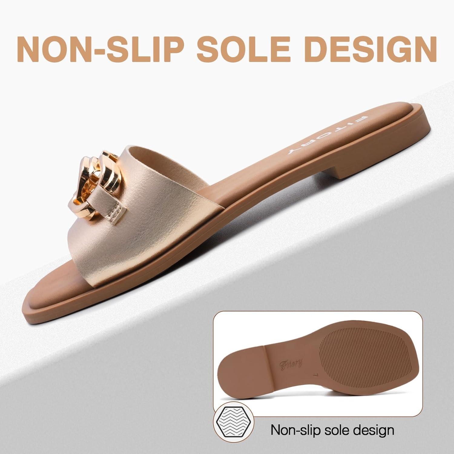 imageFITORY Womens Flat Sandals Fashion Slides With Soft Leather Slippers for Summer Size 611Gold