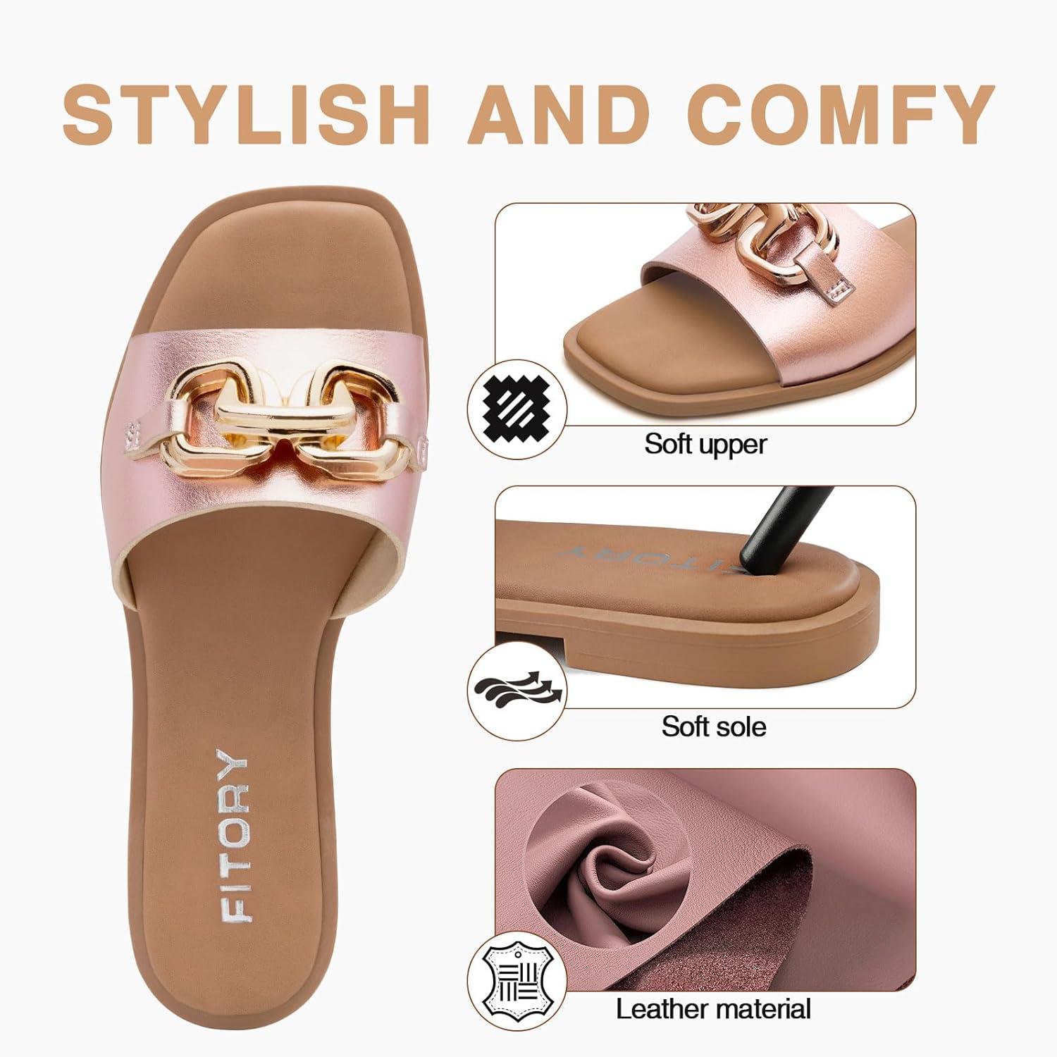 imageFITORY Womens Flat Sandals Fashion Slides With Soft Leather Slippers for Summer Size 611Rose Gold