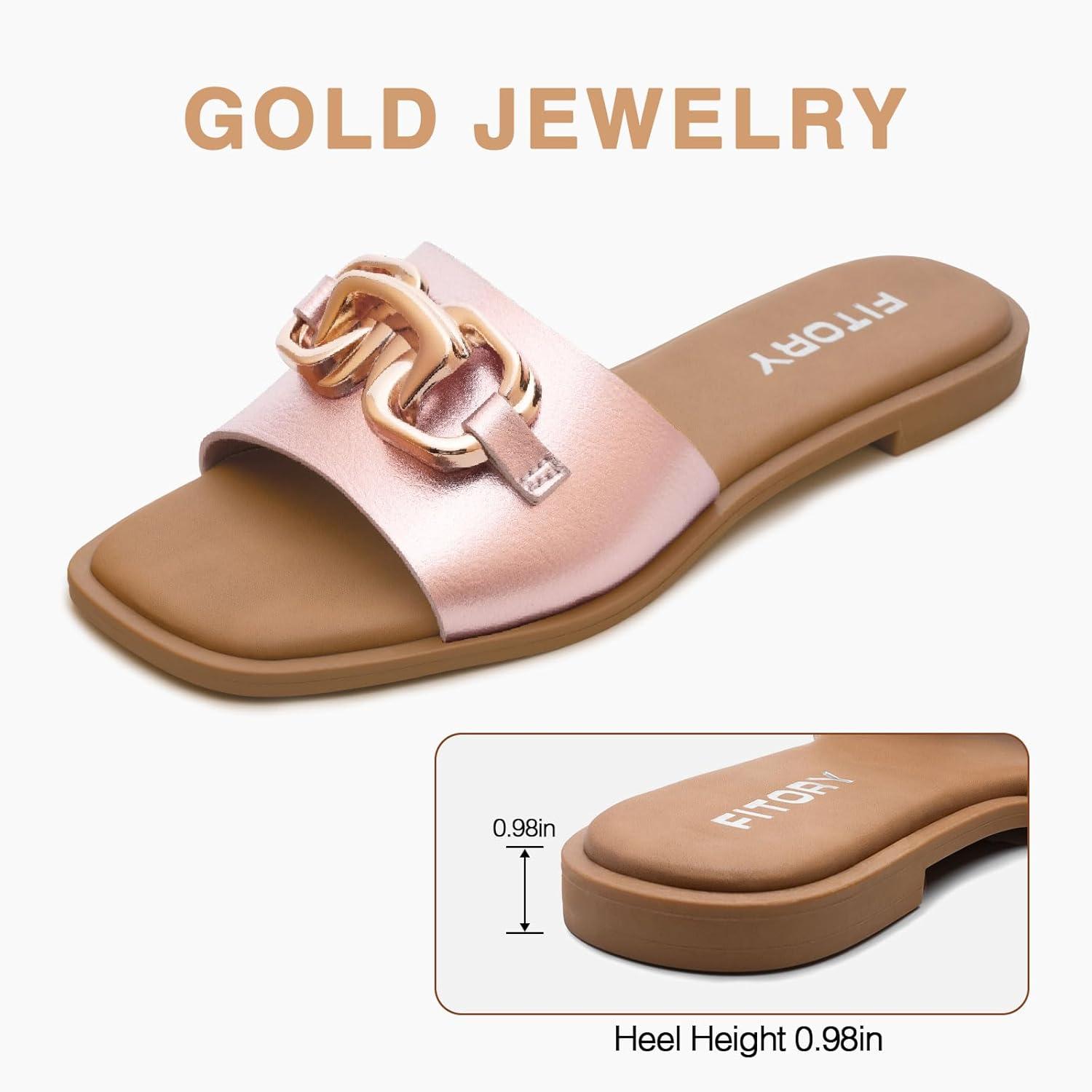 imageFITORY Womens Flat Sandals Fashion Slides With Soft Leather Slippers for Summer Size 611Rose Gold