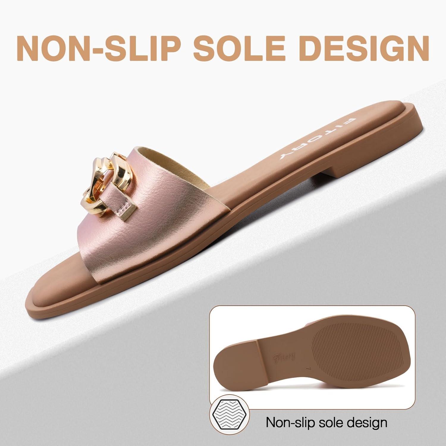 imageFITORY Womens Flat Sandals Fashion Slides With Soft Leather Slippers for Summer Size 611Rose Gold