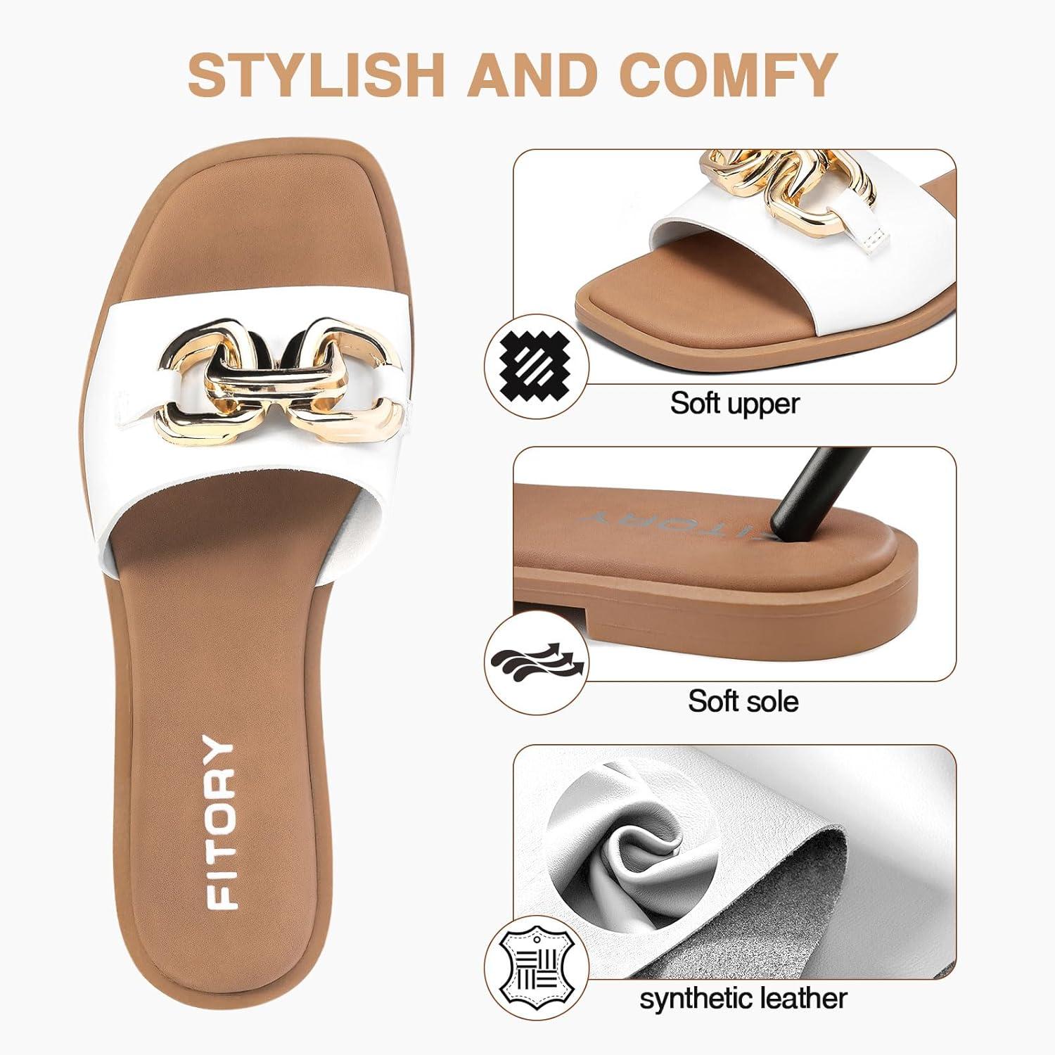 imageFITORY Womens Flat Sandals Fashion Slides With Soft Leather Slippers for Summer Size 611White
