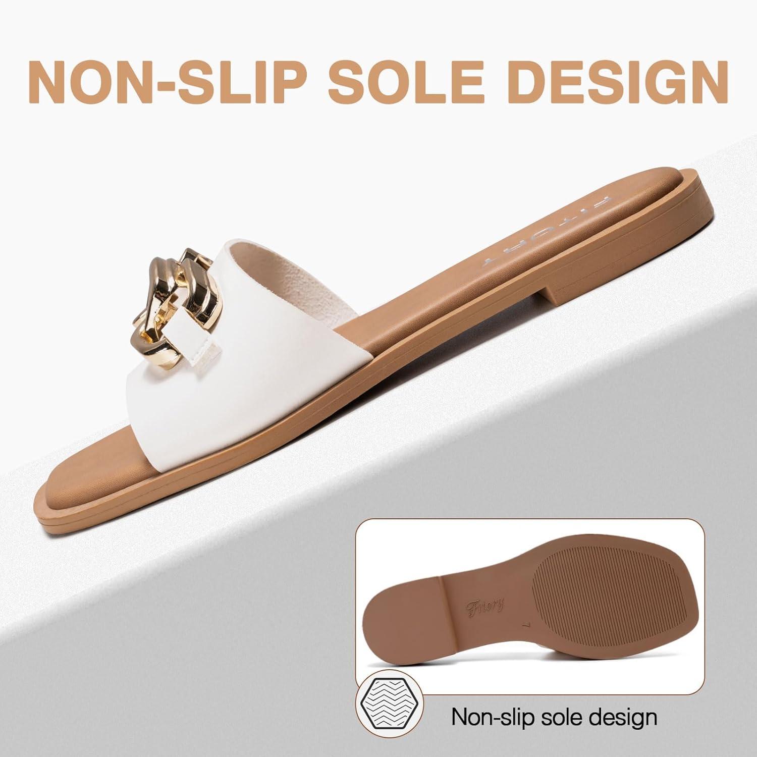 imageFITORY Womens Flat Sandals Fashion Slides With Soft Leather Slippers for Summer Size 611White