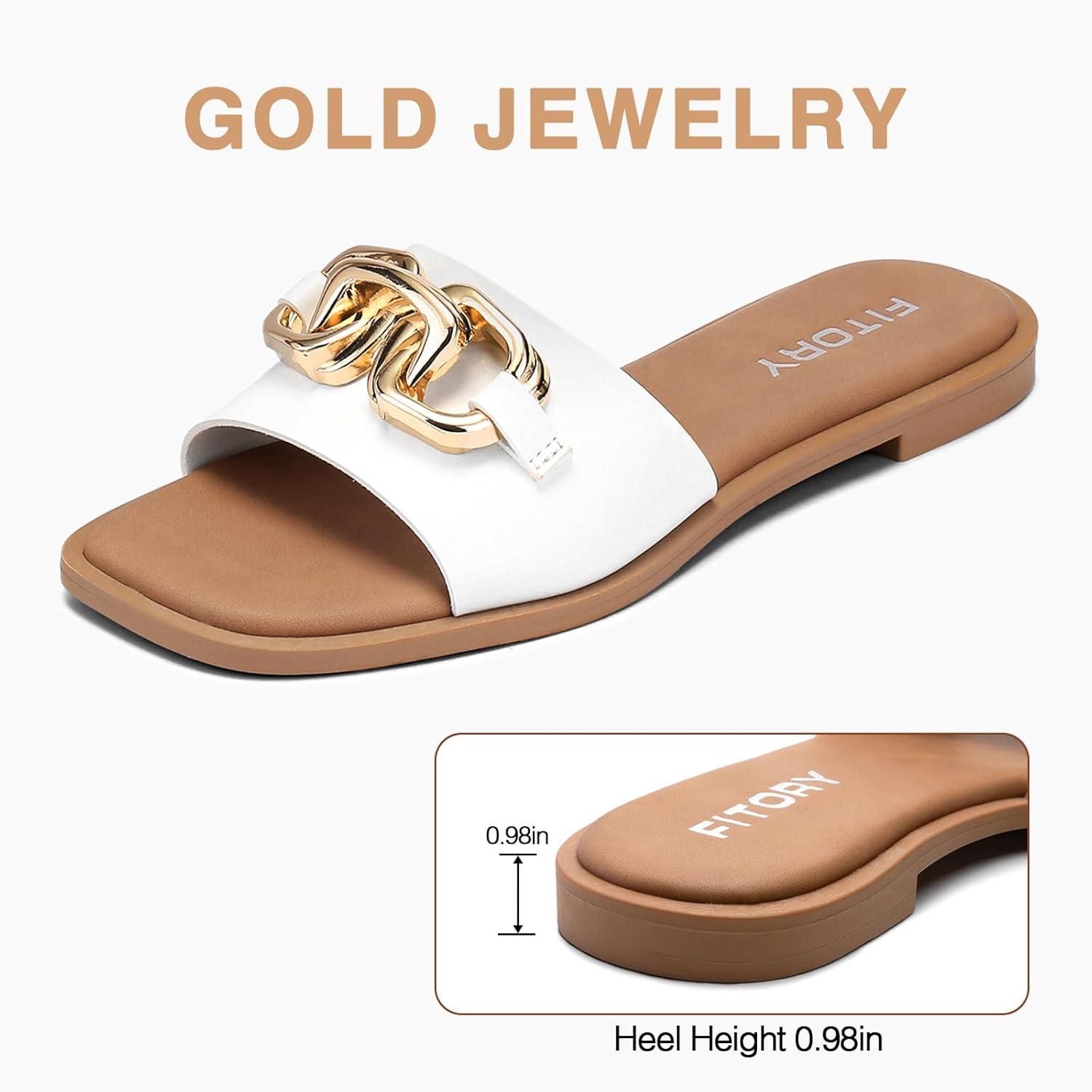 imageFITORY Womens Flat Sandals Fashion Slides With Soft Leather Slippers for Summer Size 611White