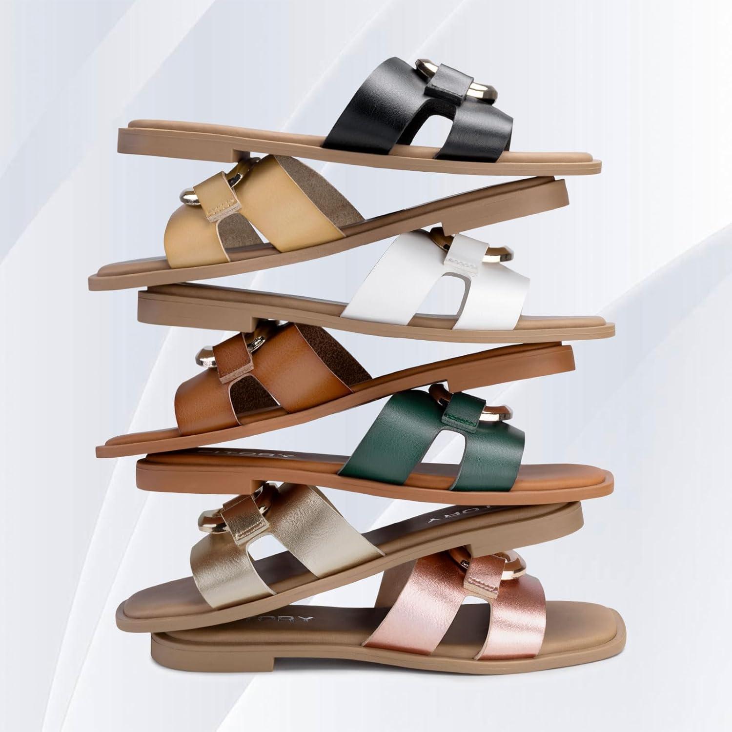 imageFITORY Womens Flat Sandals Fashion Square Open Toe Slides With Metal Chain Slippers for Summer Size 611All Brown