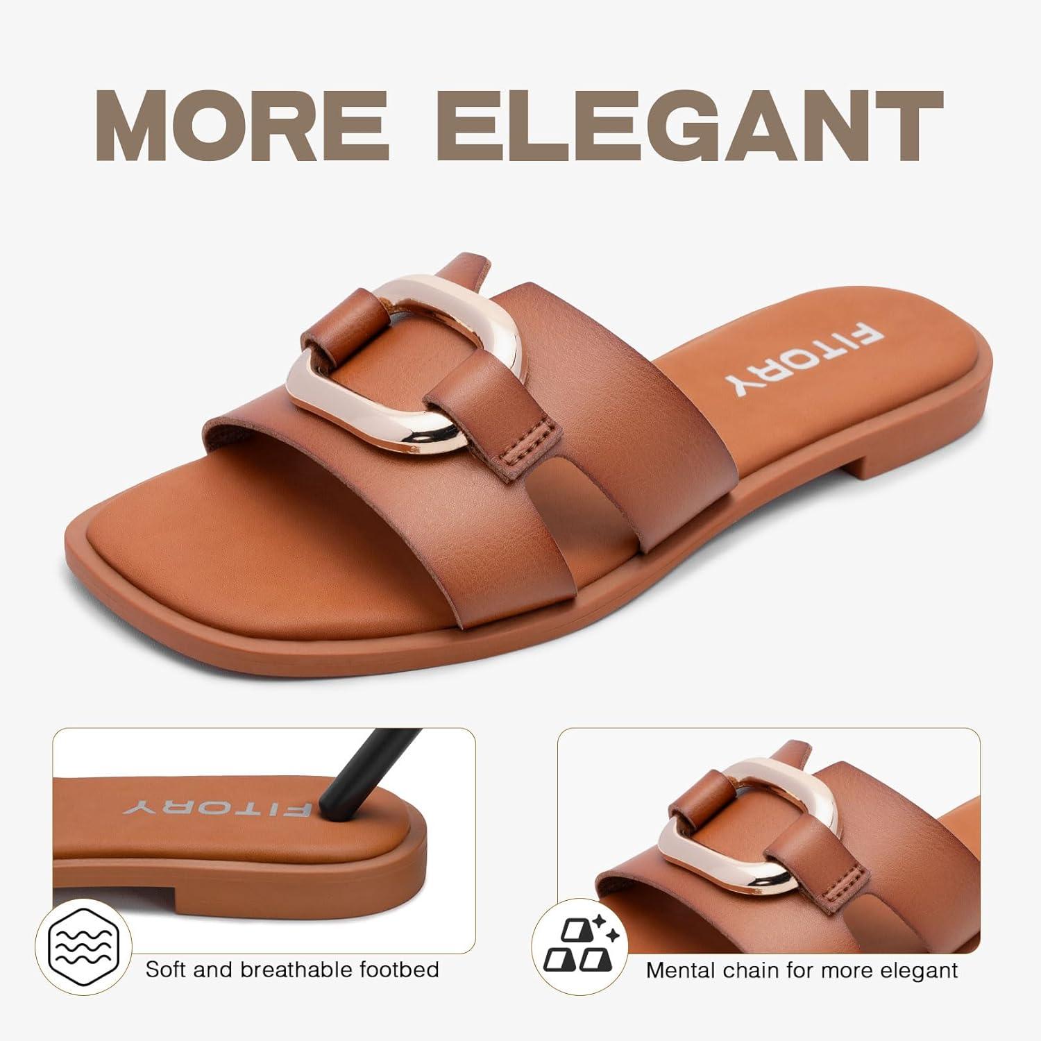 imageFITORY Womens Flat Sandals Fashion Square Open Toe Slides With Metal Chain Slippers for Summer Size 611All Brown