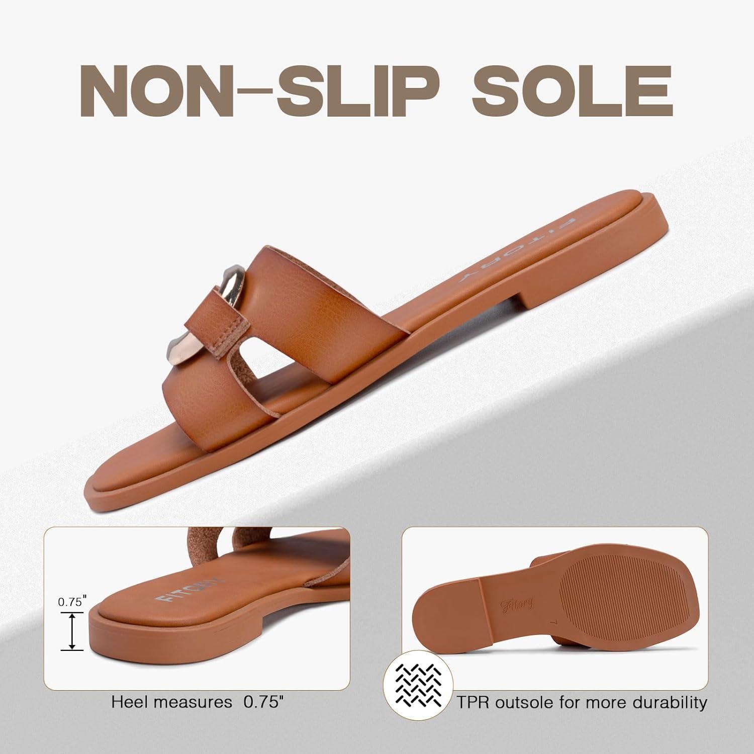 imageFITORY Womens Flat Sandals Fashion Square Open Toe Slides With Metal Chain Slippers for Summer Size 611All Brown