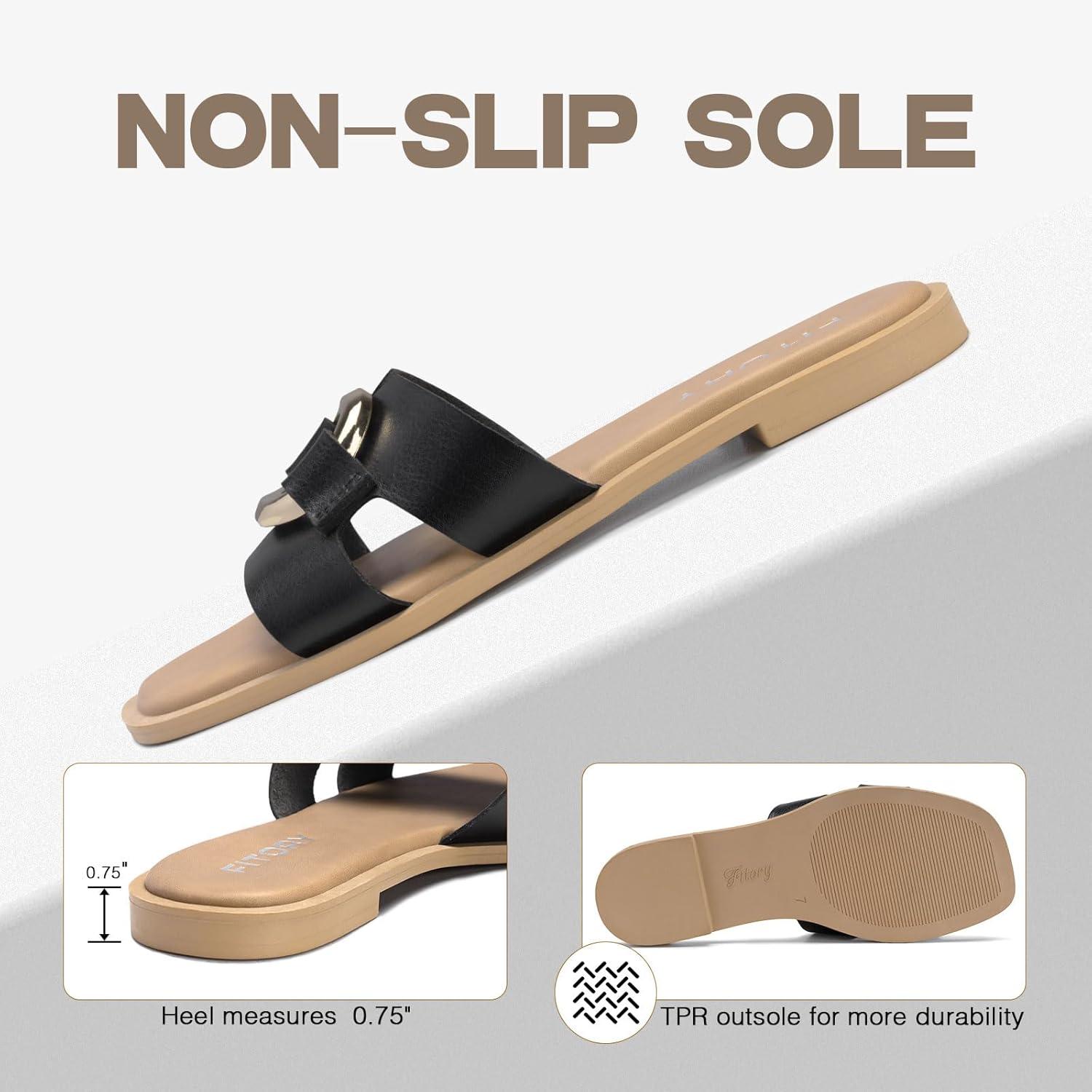imageFITORY Womens Flat Sandals Fashion Square Open Toe Slides With Metal Chain Slippers for Summer Size 611Black