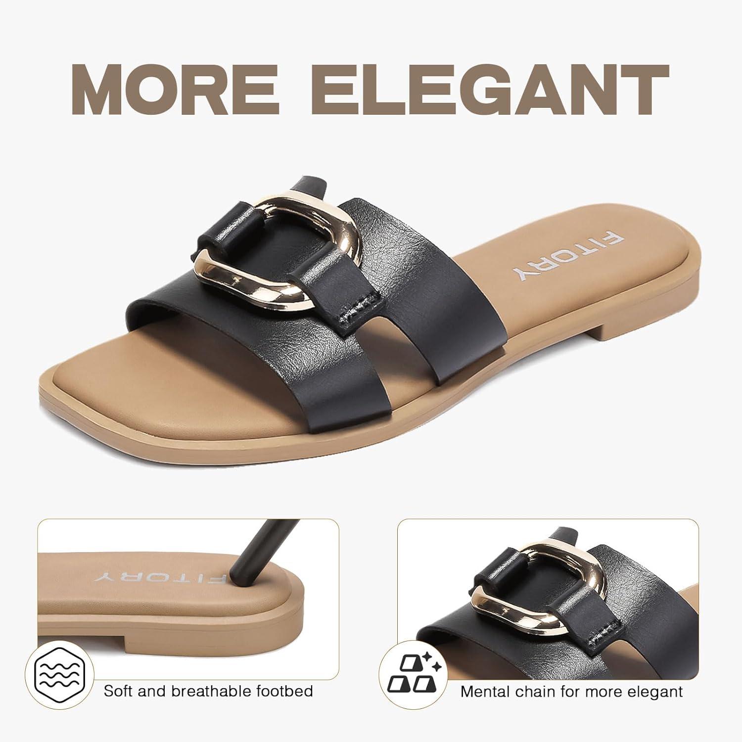 imageFITORY Womens Flat Sandals Fashion Square Open Toe Slides With Metal Chain Slippers for Summer Size 611Black