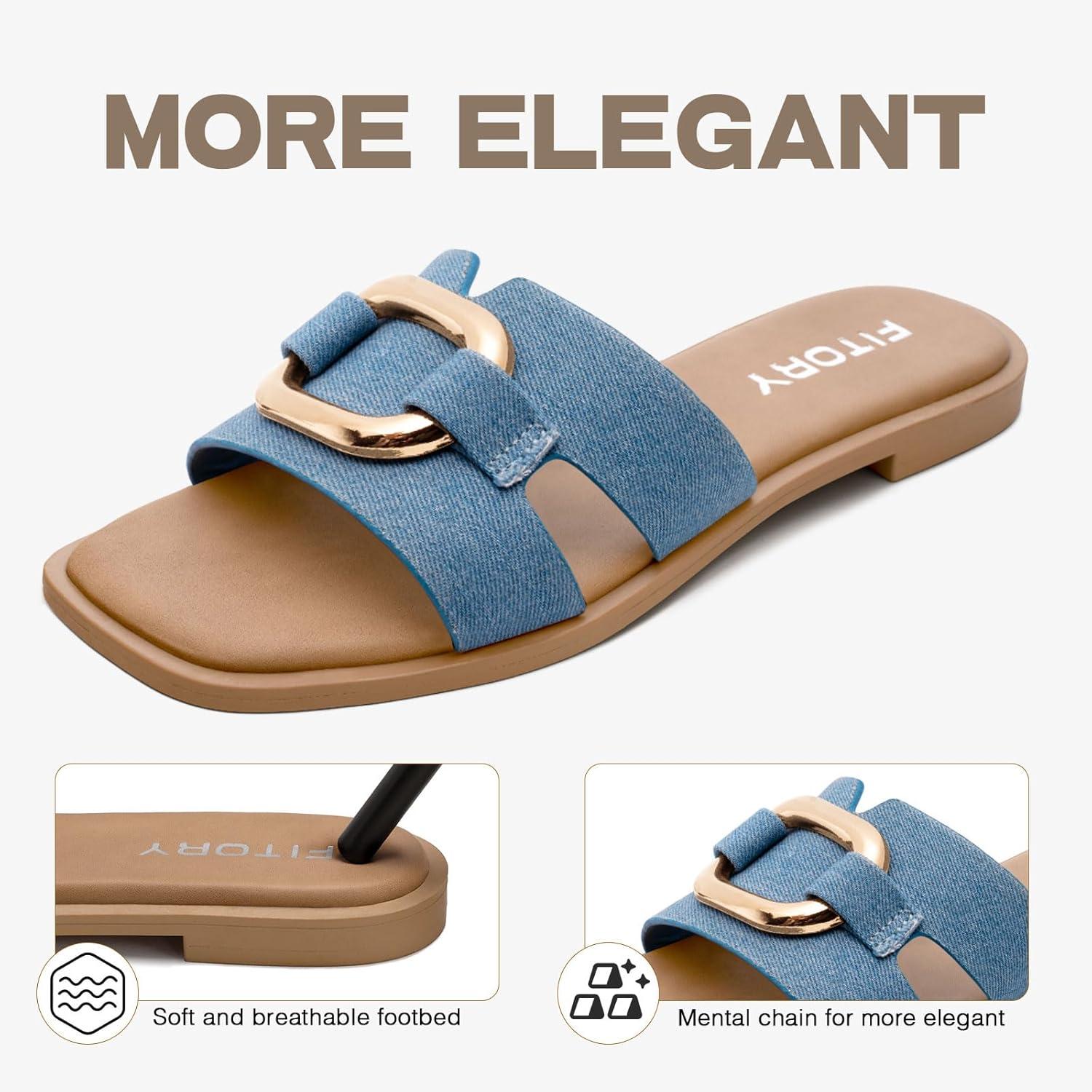 imageFITORY Womens Flat Sandals Fashion Square Open Toe Slides With Metal Chain Slippers for Summer Size 611Blue