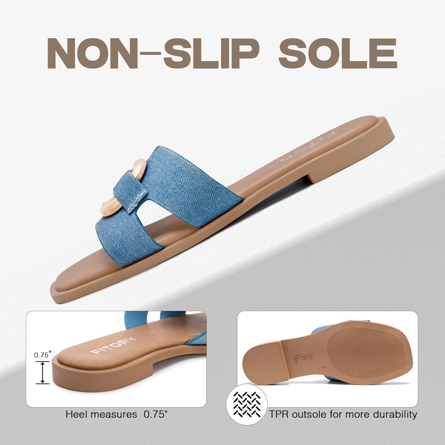 imageFITORY Womens Flat Sandals Fashion Square Open Toe Slides With Metal Chain Slippers for Summer Size 611Blue