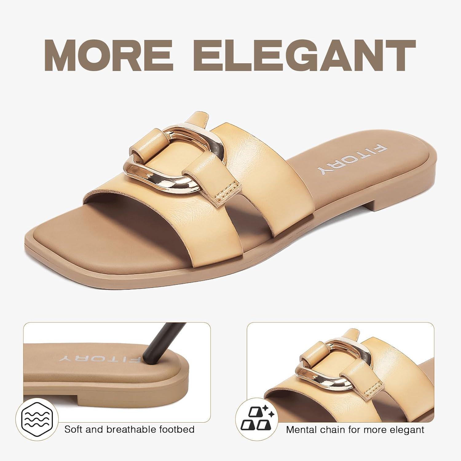 imageFITORY Womens Flat Sandals Fashion Square Open Toe Slides With Metal Chain Slippers for Summer Size 611Camel