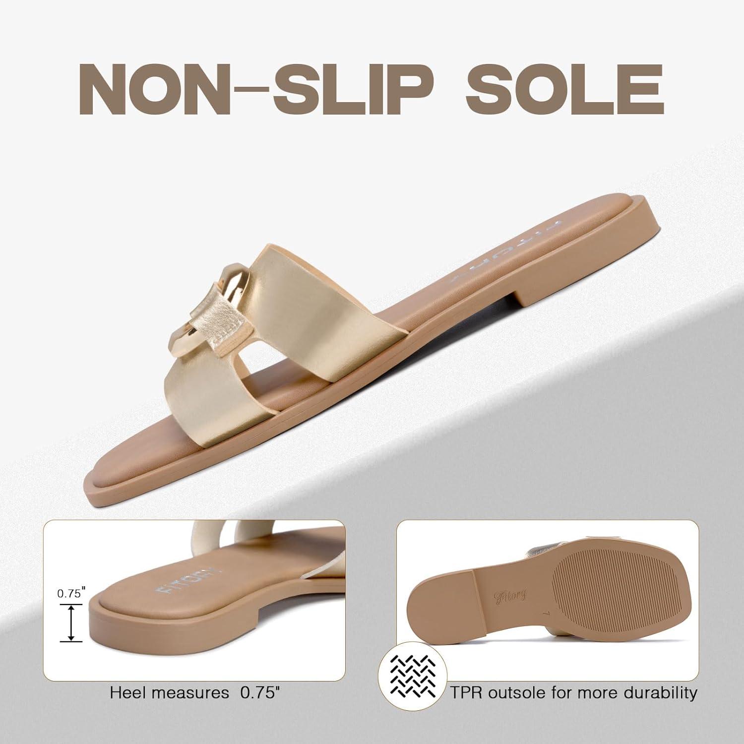 imageFITORY Womens Flat Sandals Fashion Square Open Toe Slides With Metal Chain Slippers for Summer Size 611Gold