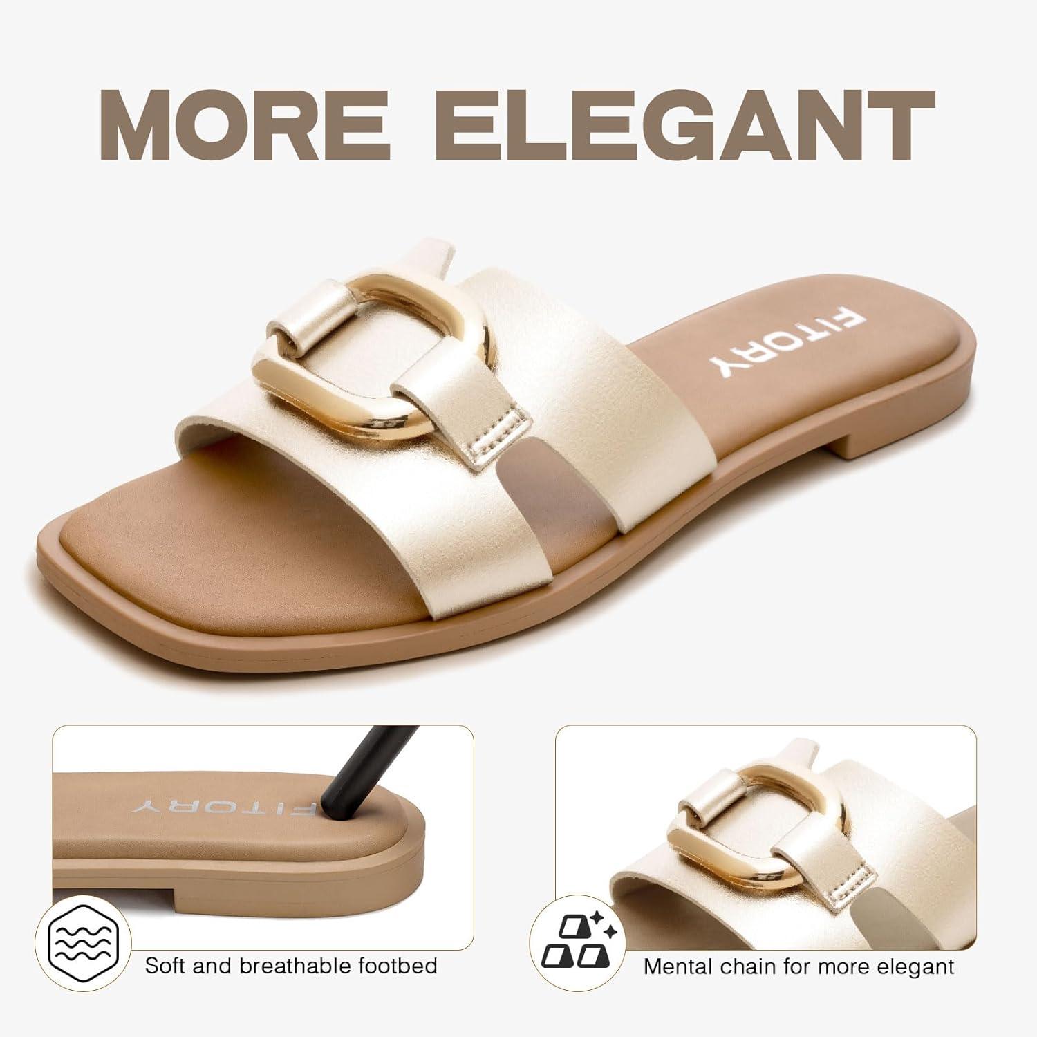 imageFITORY Womens Flat Sandals Fashion Square Open Toe Slides With Metal Chain Slippers for Summer Size 611Gold
