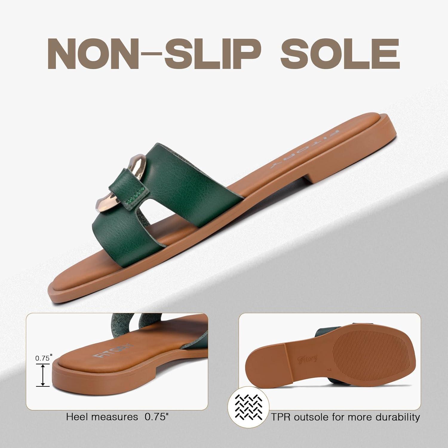 imageFITORY Womens Flat Sandals Fashion Square Open Toe Slides With Metal Chain Slippers for Summer Size 611Green